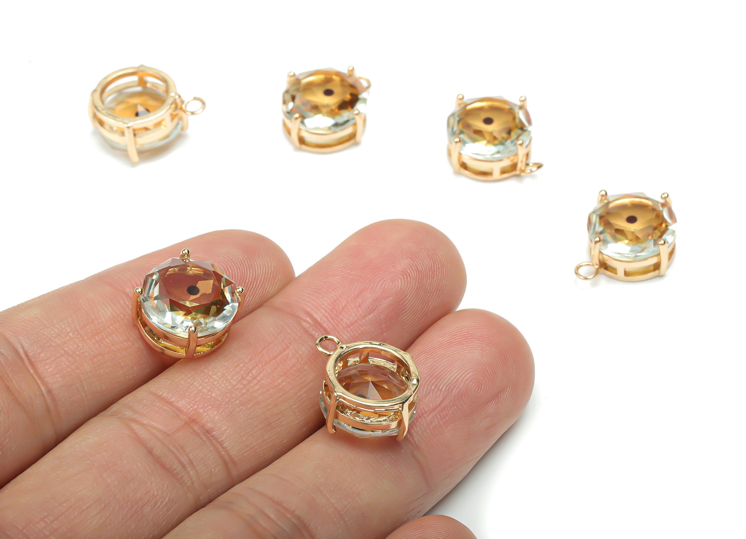 Glass Round Earring Charms - Brass Circle Frame Pendant - Gold Tone Plated Brass - Jewelry Making Supplies - 16.49x13.9x7.5mm - GS1070 - DOMEDBAZAAR