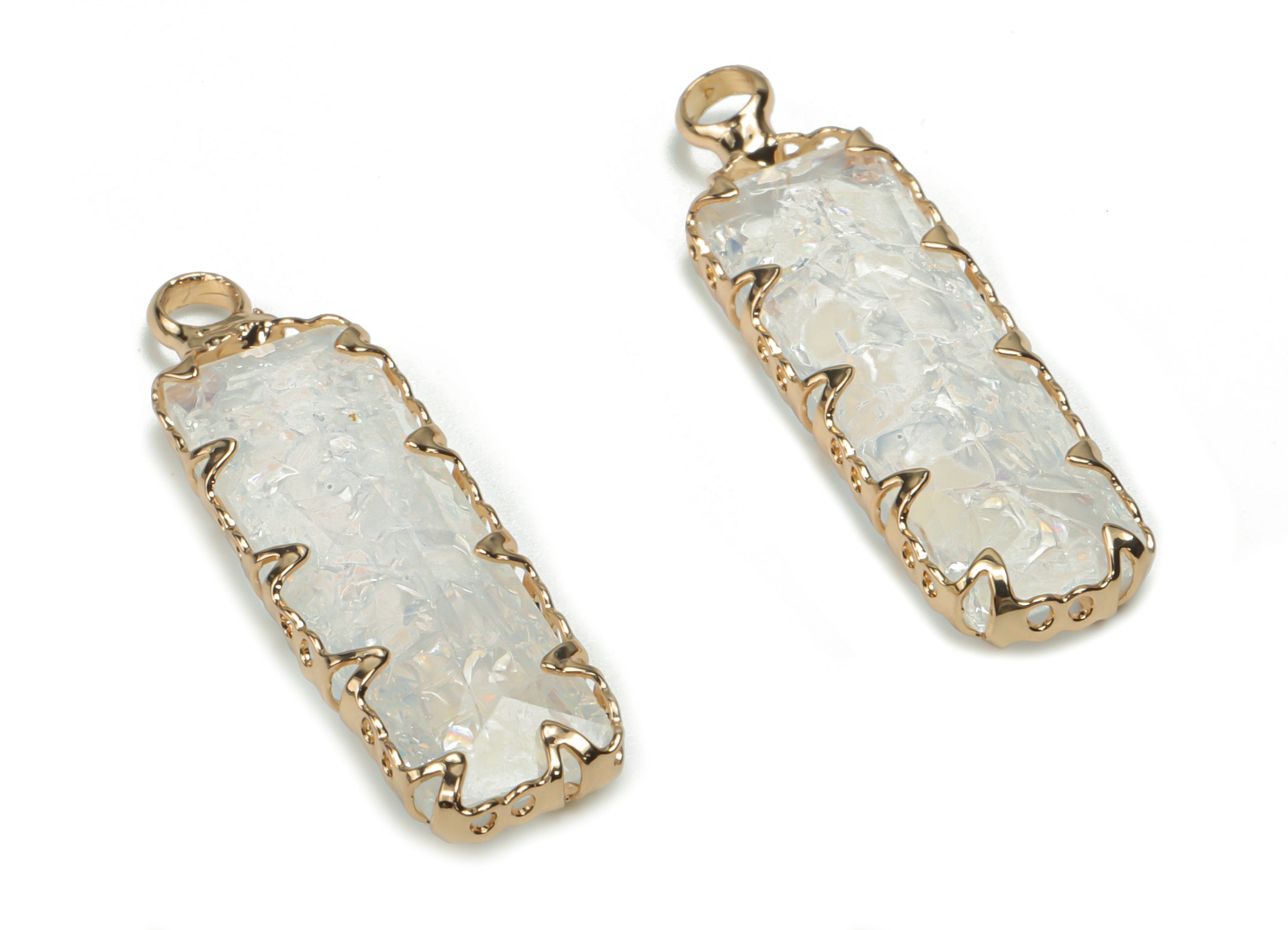 Glass Rectangle Earring Charms - Brass Rectangle Frame Pendant - Gold Tone Plated Brass - Faceted Glass- 26.34x7.62x3.95mm-GS1078 - DOMEDBAZAAR
