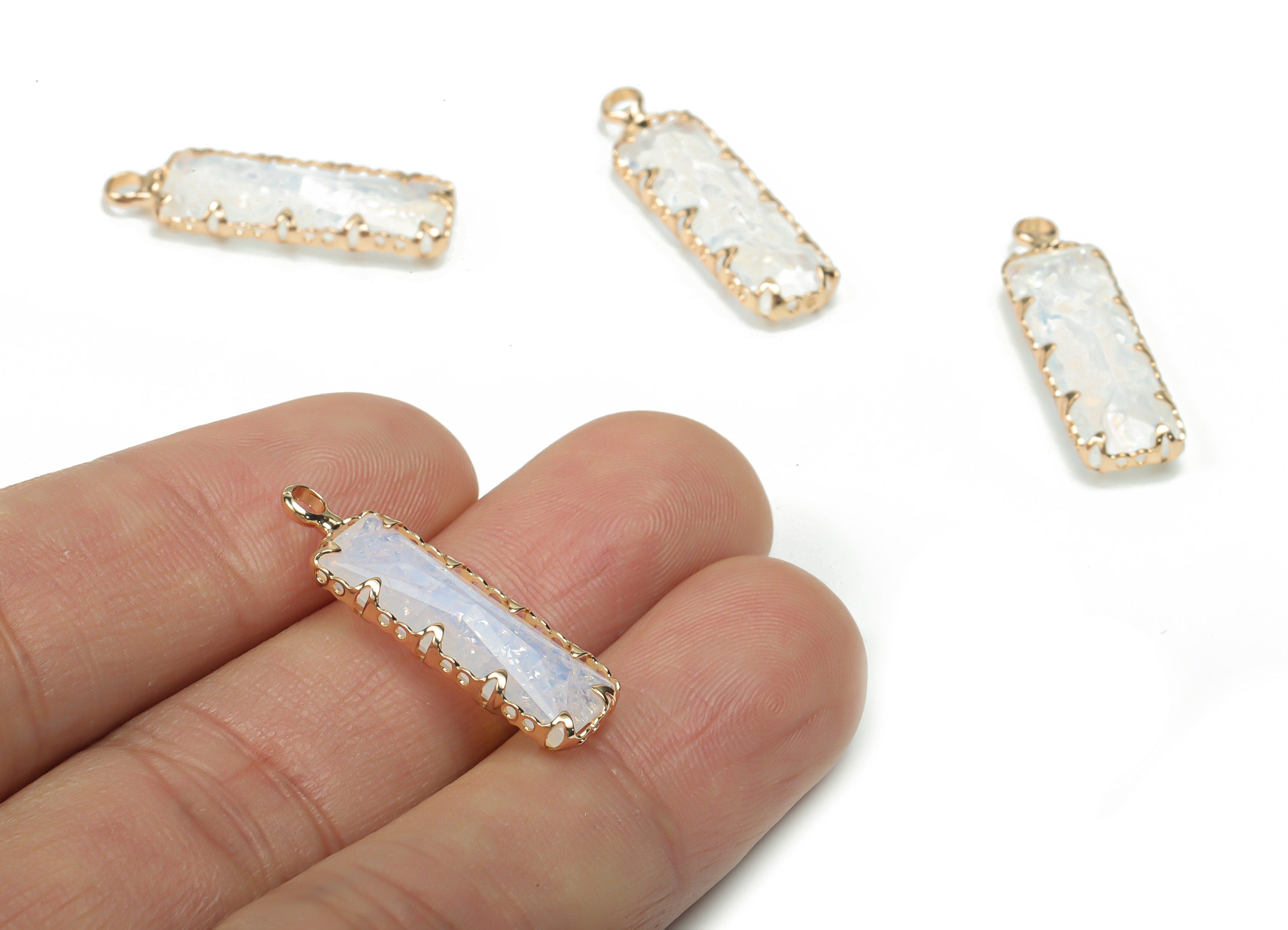 Glass Rectangle Earring Charms - Brass Rectangle Frame Pendant - Gold Tone Plated Brass - Faceted Glass- 26.34x7.62x3.95mm-GS1078 - DOMEDBAZAAR
