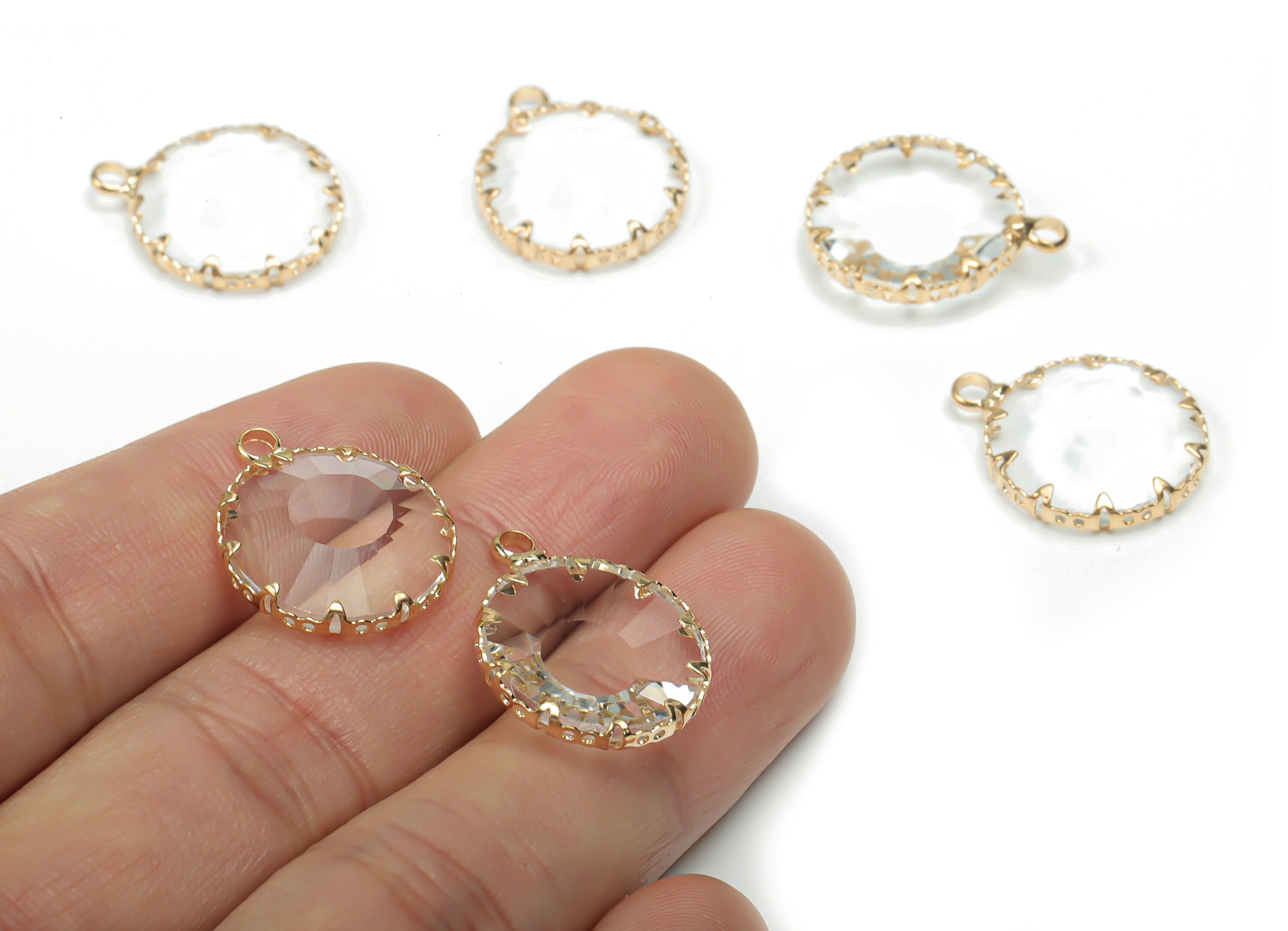 Glass Round Earring Charms - Brass Circle Frame Pendant - Gold Tone Plated Brass - Jewelry Making Supplies - 20.58x16.92x4.53mm - GS1081 - DOMEDBAZAAR