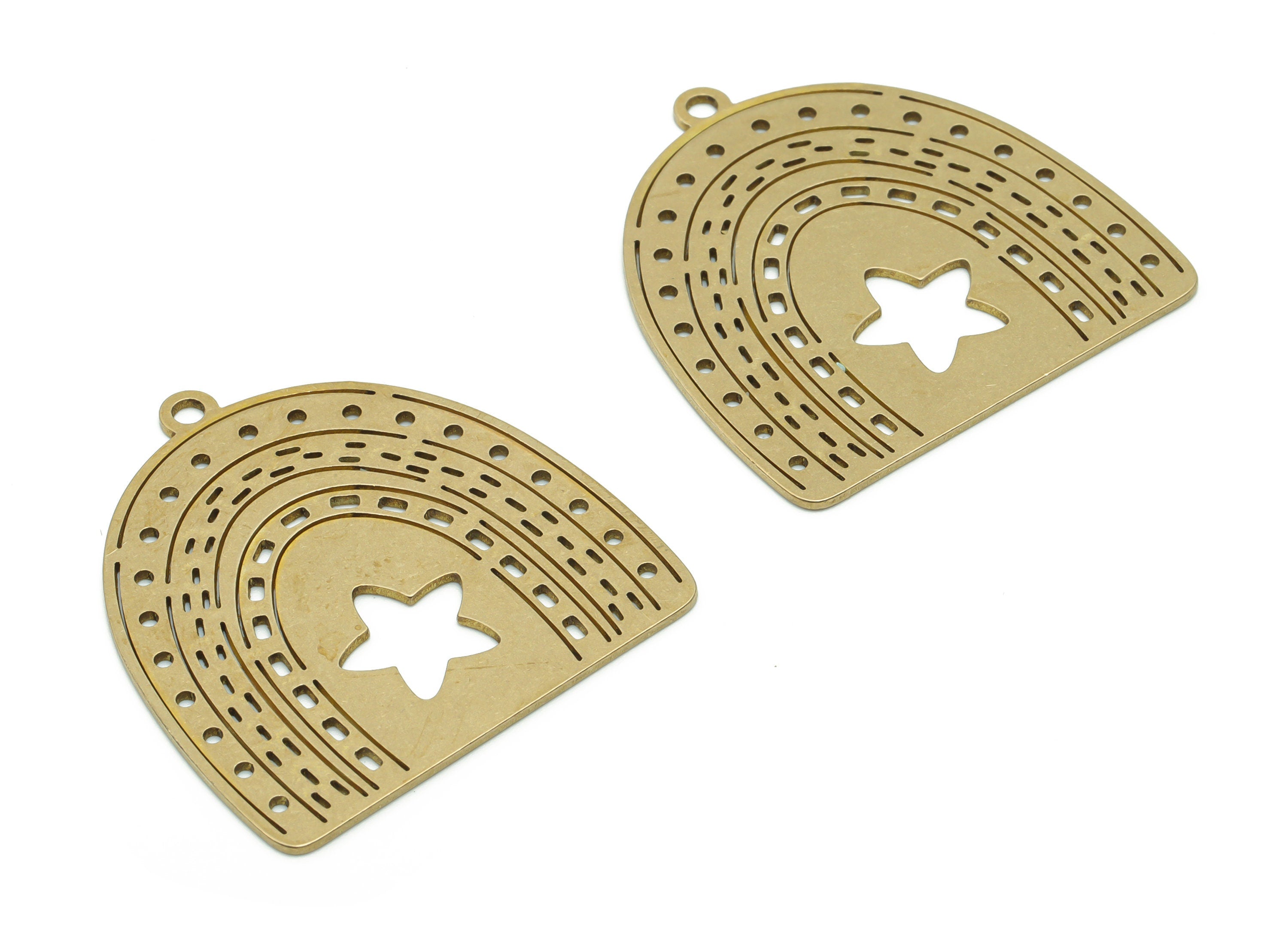 Brass Rainbow Domed Earring Charms - Raw Brass Rainbow Star Pendant - Jewelry Making Supplies - 34.76x32.87x0.75mm - PPZ0119 - DOMEDBAZAAR