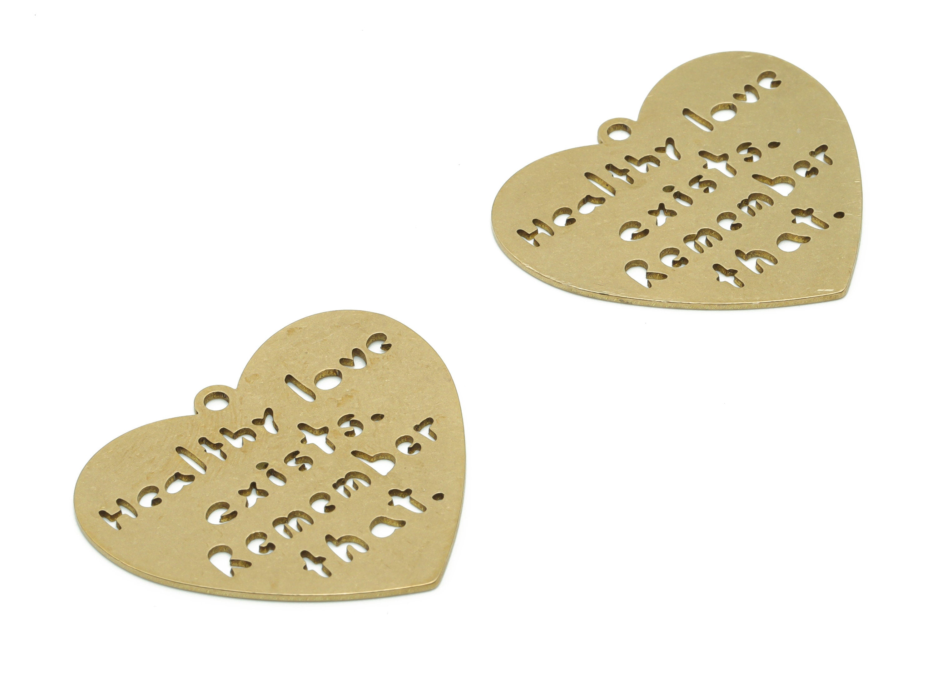 Brass Healthy Love Exists. Remember That. Earring Charms - Raw Brass Heart Pendant - Jewelry Making Supplies - 34.87x30.62x0.77mm - PPZ0113 - DOMEDBAZAAR