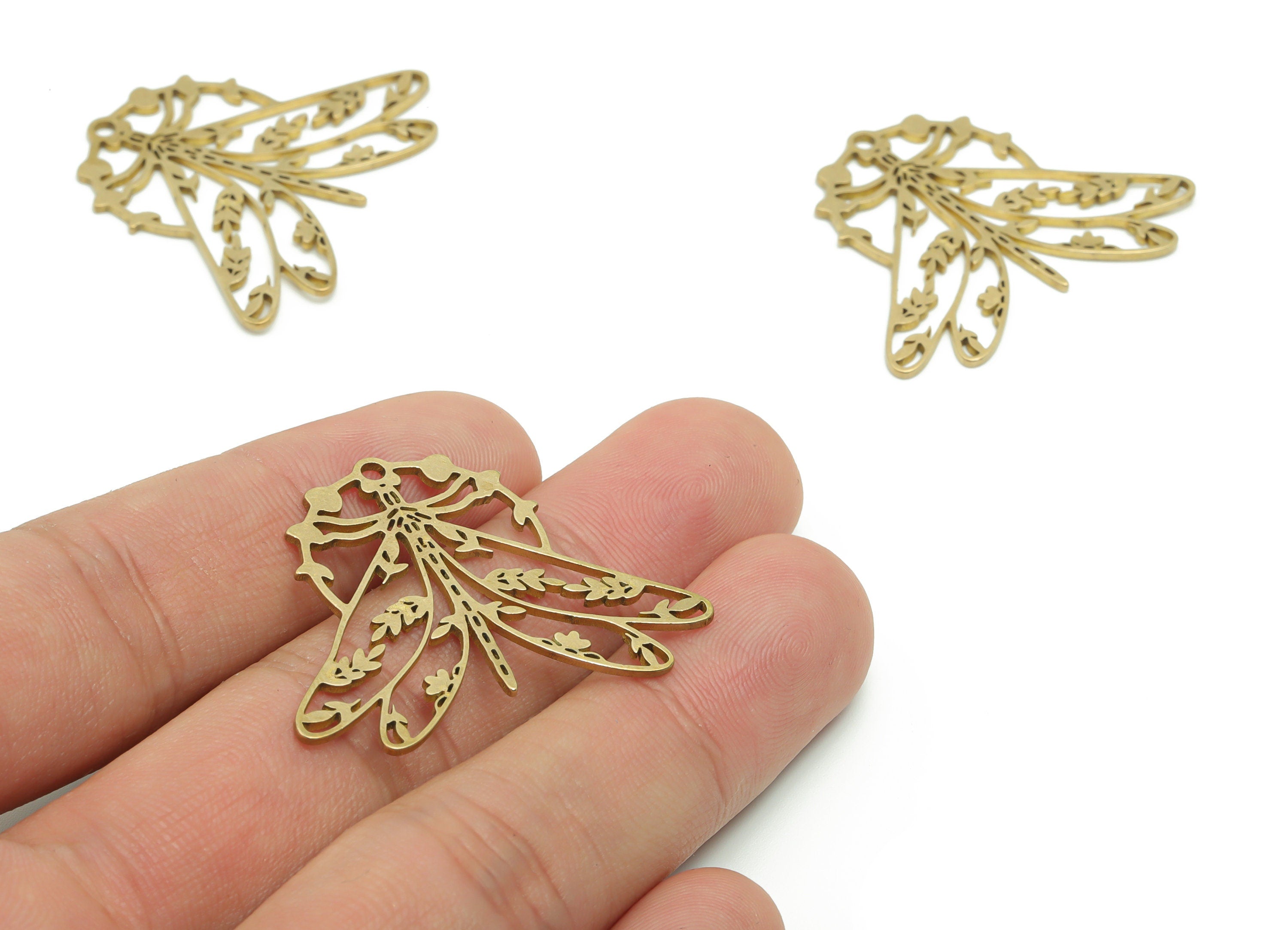 Brass Dragonfly Branch Earring Charms - Raw Brass Dragonfly Phase of Moon Pendant - Jewelry Making Supplies - 36.3x30.57x0.86mm - PPA0508 - DOMEDBAZAAR