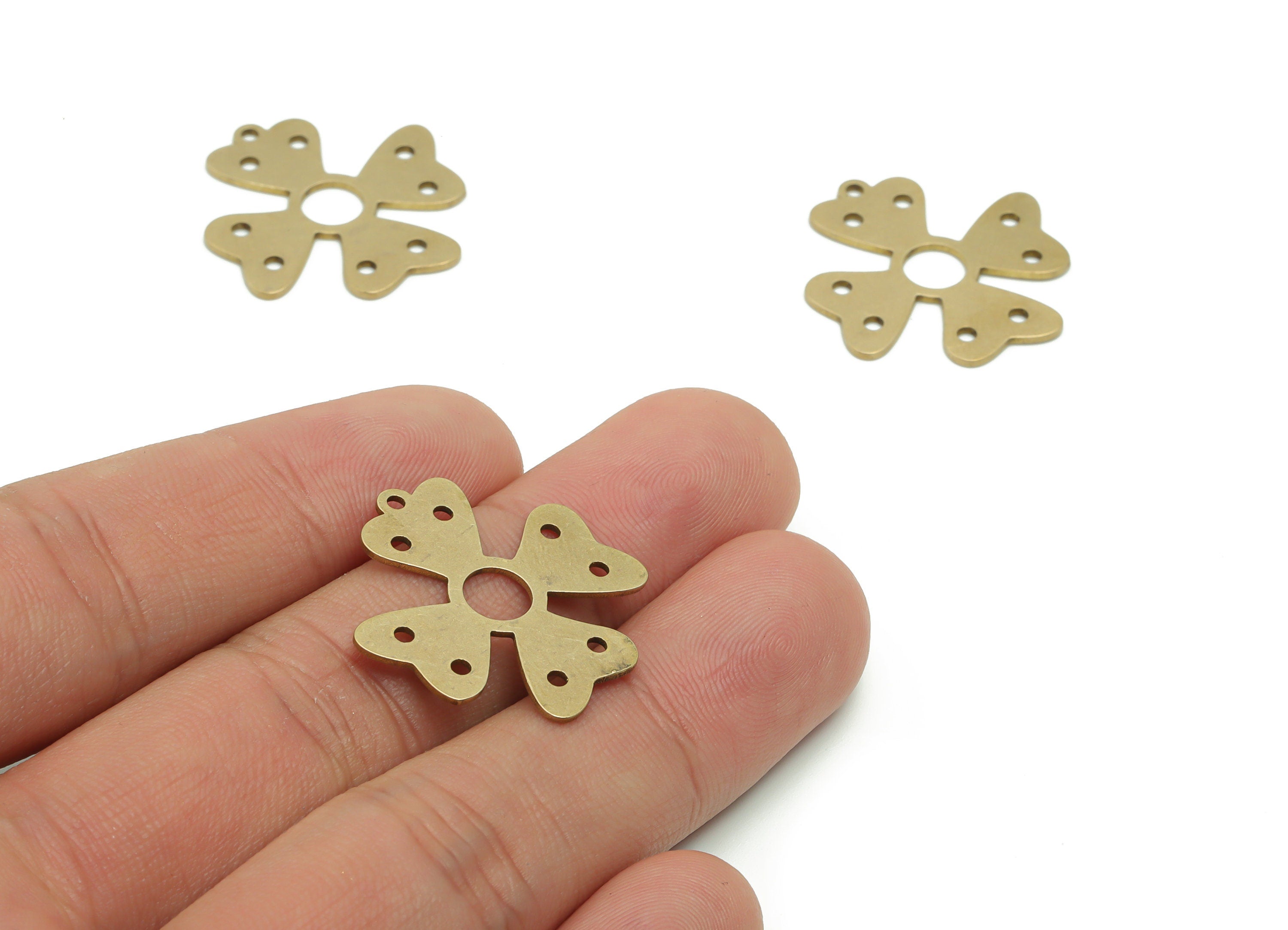 Brass Hearts Leafs Earring Connector - Raw Brass Flower Ribbon Charms and Pendant - Jewelry Making Supplies - 25.35x24.57x0.75mm - PPA0595 - DOMEDBAZAAR