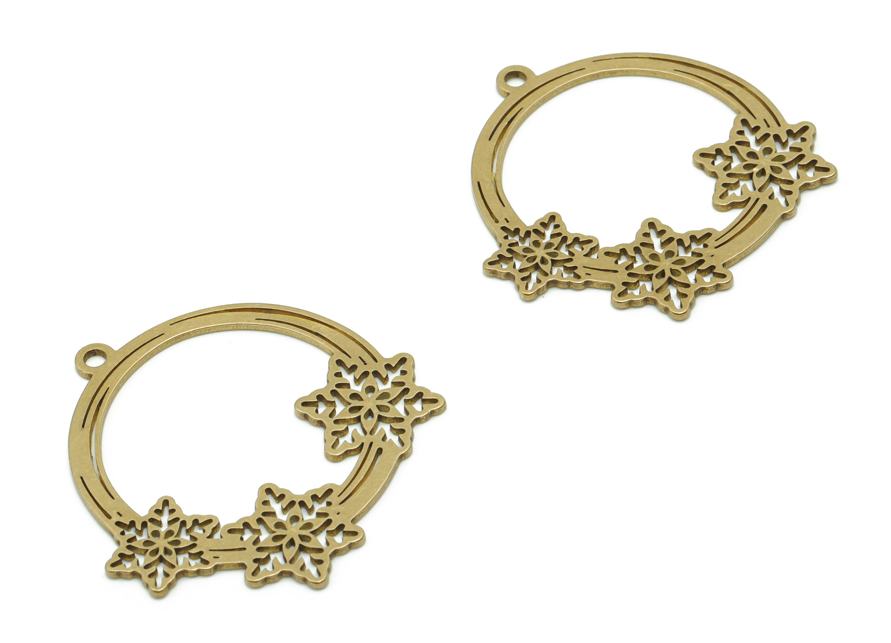 Brass Snowflake Circle Earring Charms - Raw Brass Circle Flower Pendant - Jewelry Making Supplies - 33.87x33.42x0.88mm - PPZ0093 - DOMEDBAZAAR