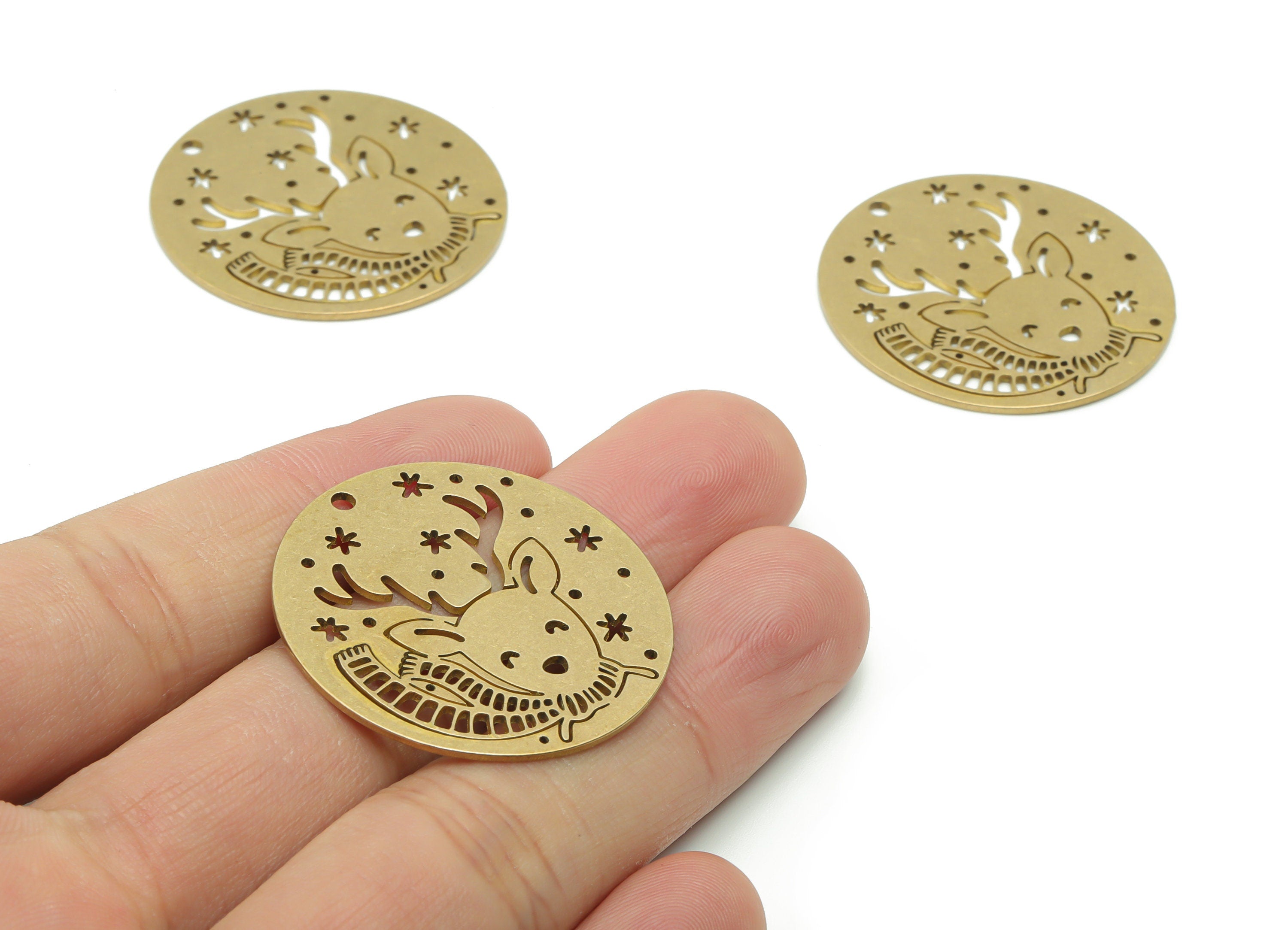 Brass Round Deer Snowflake Earring Charms - Raw Brass Christmas Deer Snowflake Pendant - Jewelry Supplies - 34.77x32.92x0.87mm - PPZ0104 - DOMEDBAZAAR