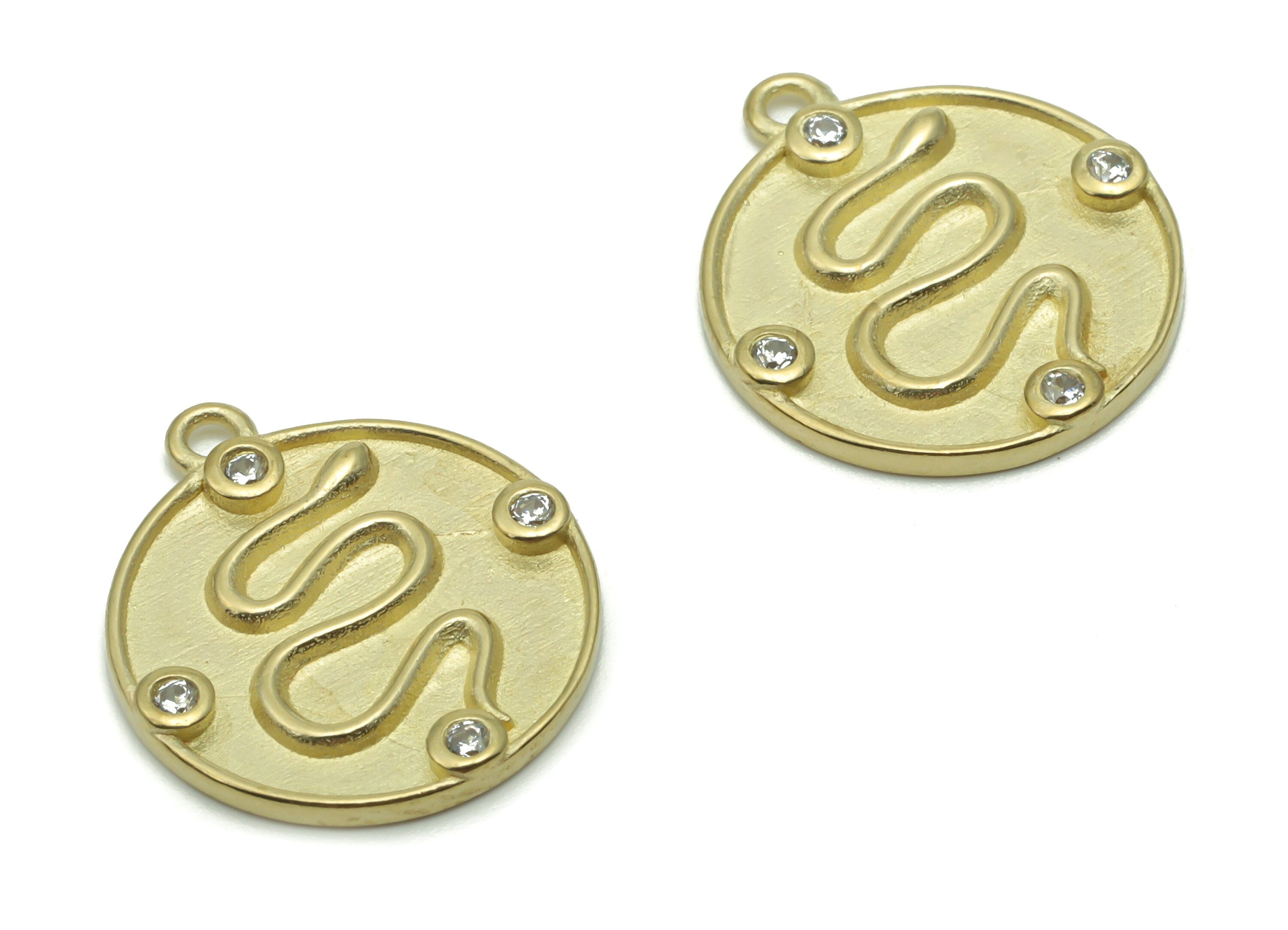 Brass Round Snake Earring Charms With Zircons - Raw Brass Sword Snake Pendant - Jewelry Making Supplies - 17.29x15.14x1.62mm - PP4958 - DOMEDBAZAAR