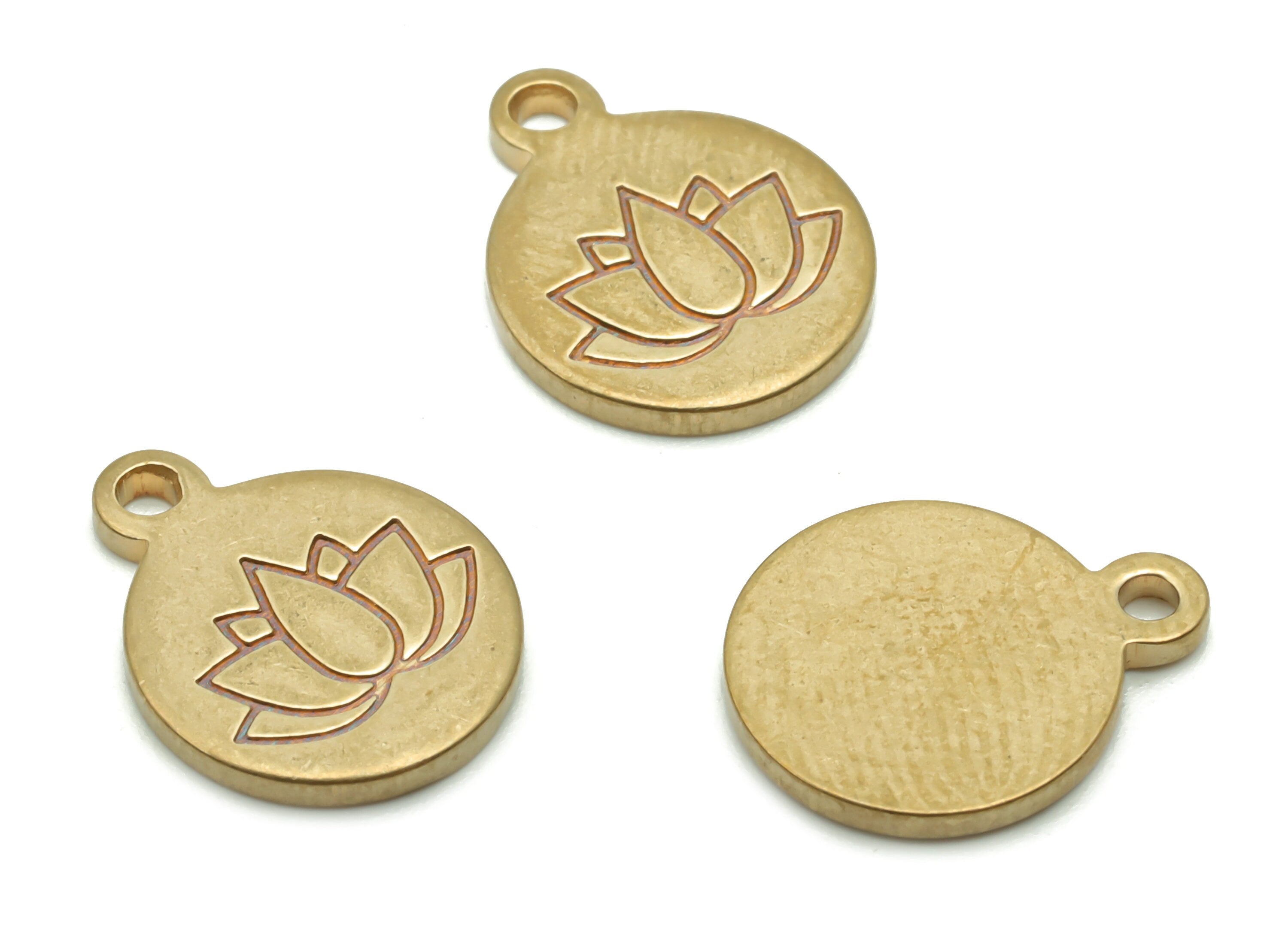 Brass Mini Round Lotus Earring Charms - Raw Brass Lotus  Engraved Pendant - DIY Jewelry Making Supplies - 14.89x11.98x1.2mm - PP4964 - DOMEDBAZAAR