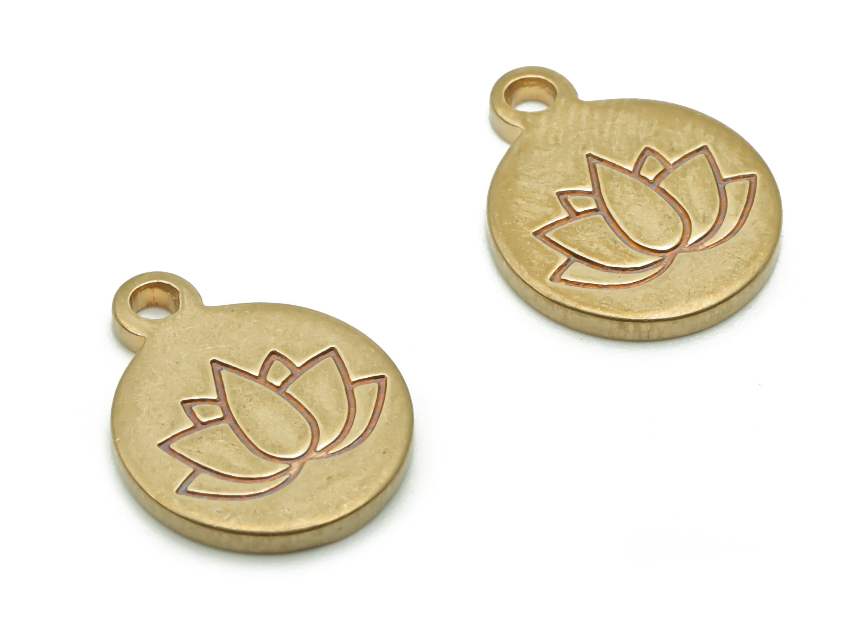 Brass Mini Round Lotus Earring Charms - Raw Brass Lotus  Engraved Pendant - DIY Jewelry Making Supplies - 14.89x11.98x1.2mm - PP4964 - DOMEDBAZAAR