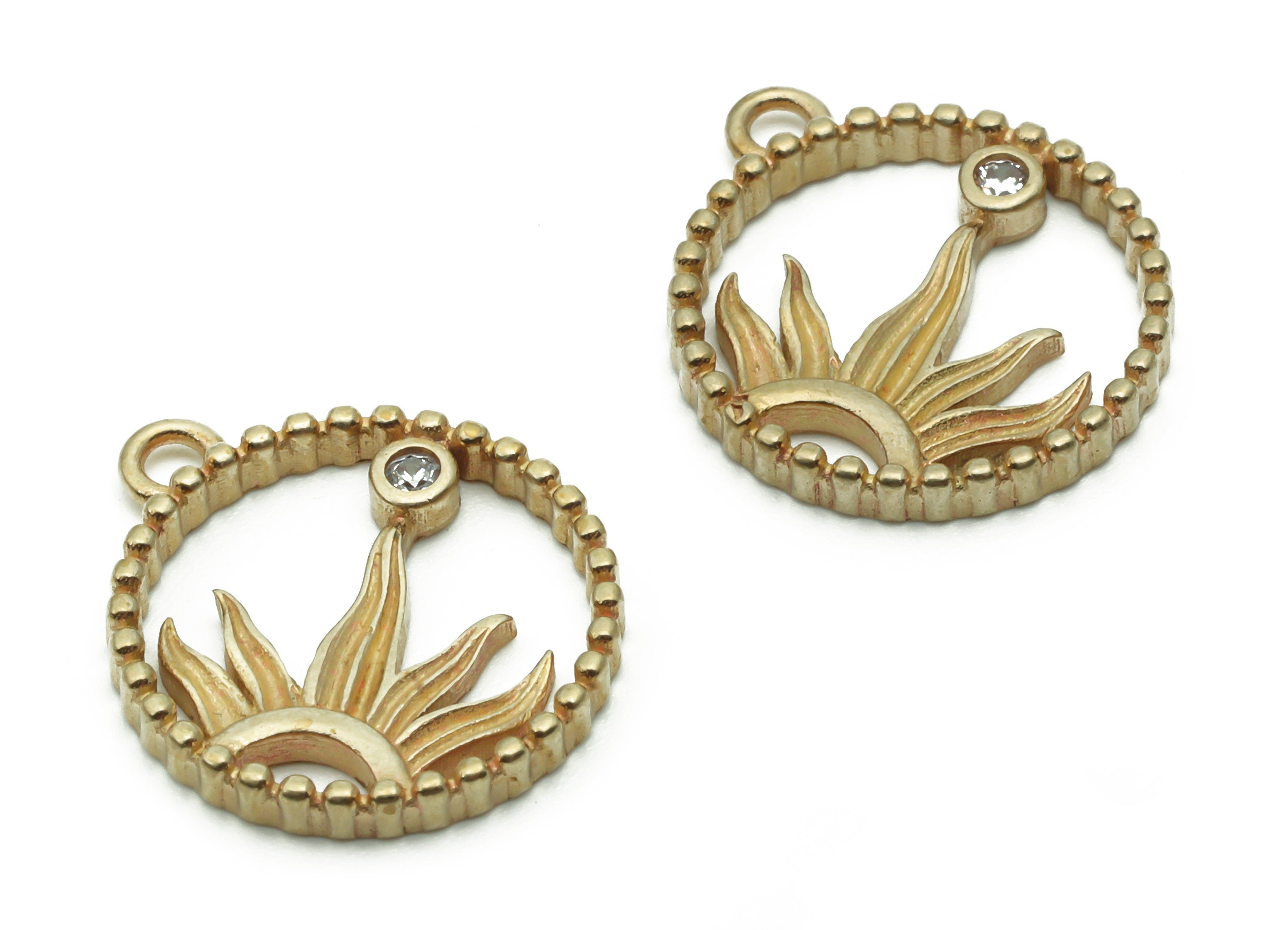 Brass Round Half Sun Earring Charms With Zircons - Raw Brass Compass Half Sun Pendant - Jewelry Making Supplies - 15.65x13.4x1.72mm - PP4954 - DOMEDBAZAAR