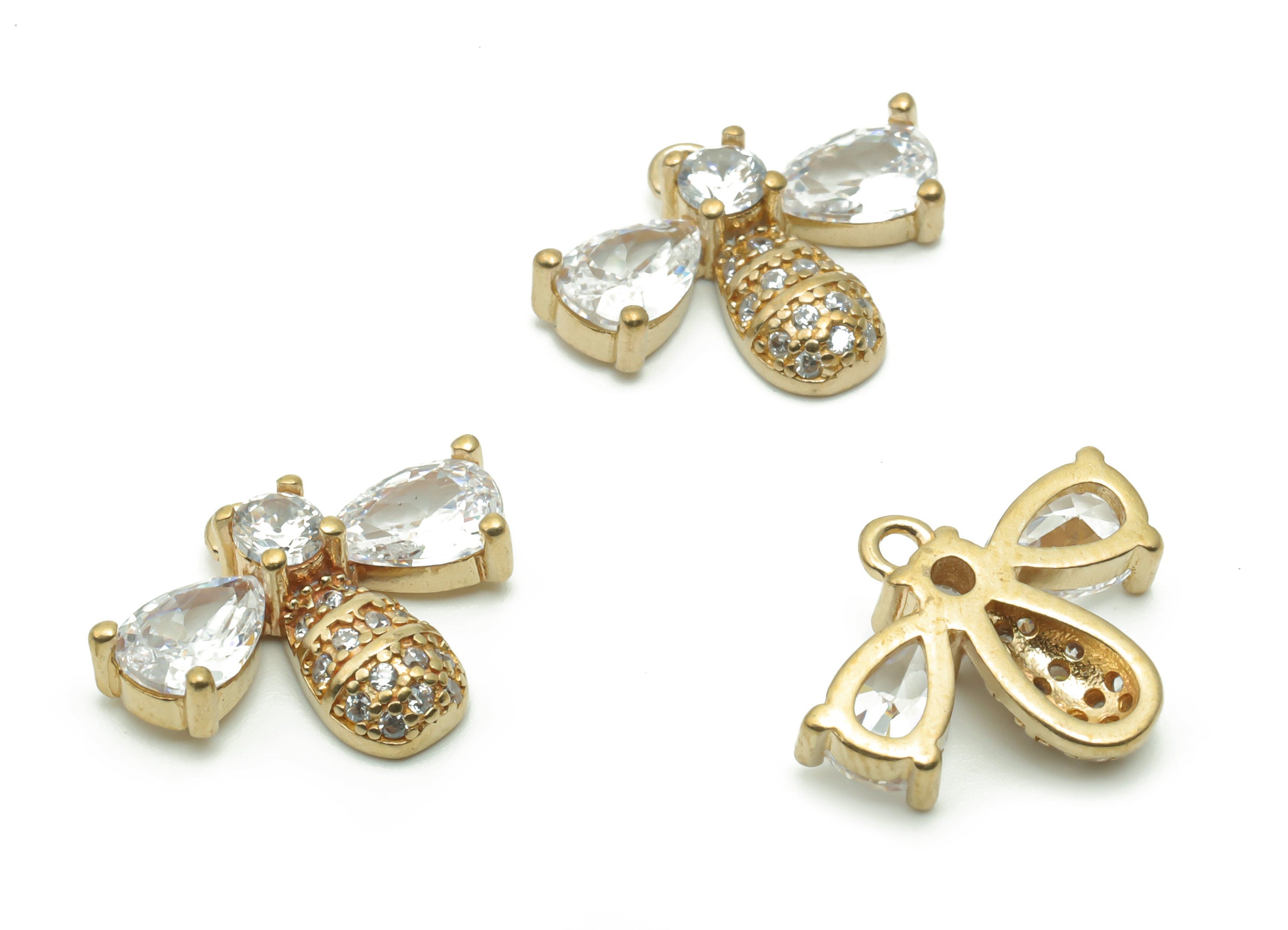 Brass Bee Earring Charms With Zircons - Raw Brass Bee Pendant - Jewelry Making Supplies - 14.96x11.68x3.52mm - PP4957 - DOMEDBAZAAR