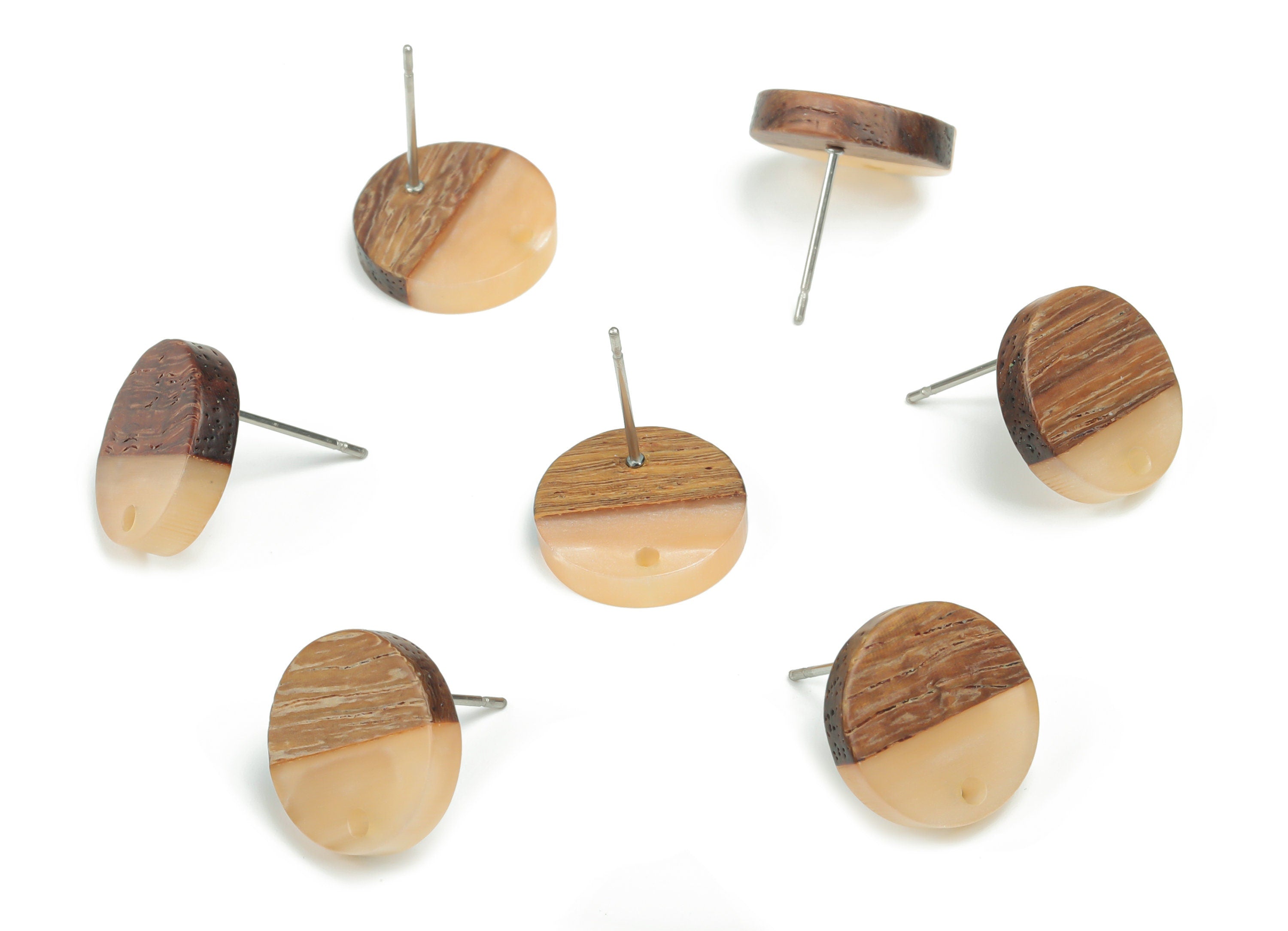 Natural Wooden Round Earring Stud - Resin Circle Post - 316 Surgical Stainless Steel Stud - Jewelry Supplies - 14.06x14.06x2.73mm - BB1135E - DOMEDBAZAAR