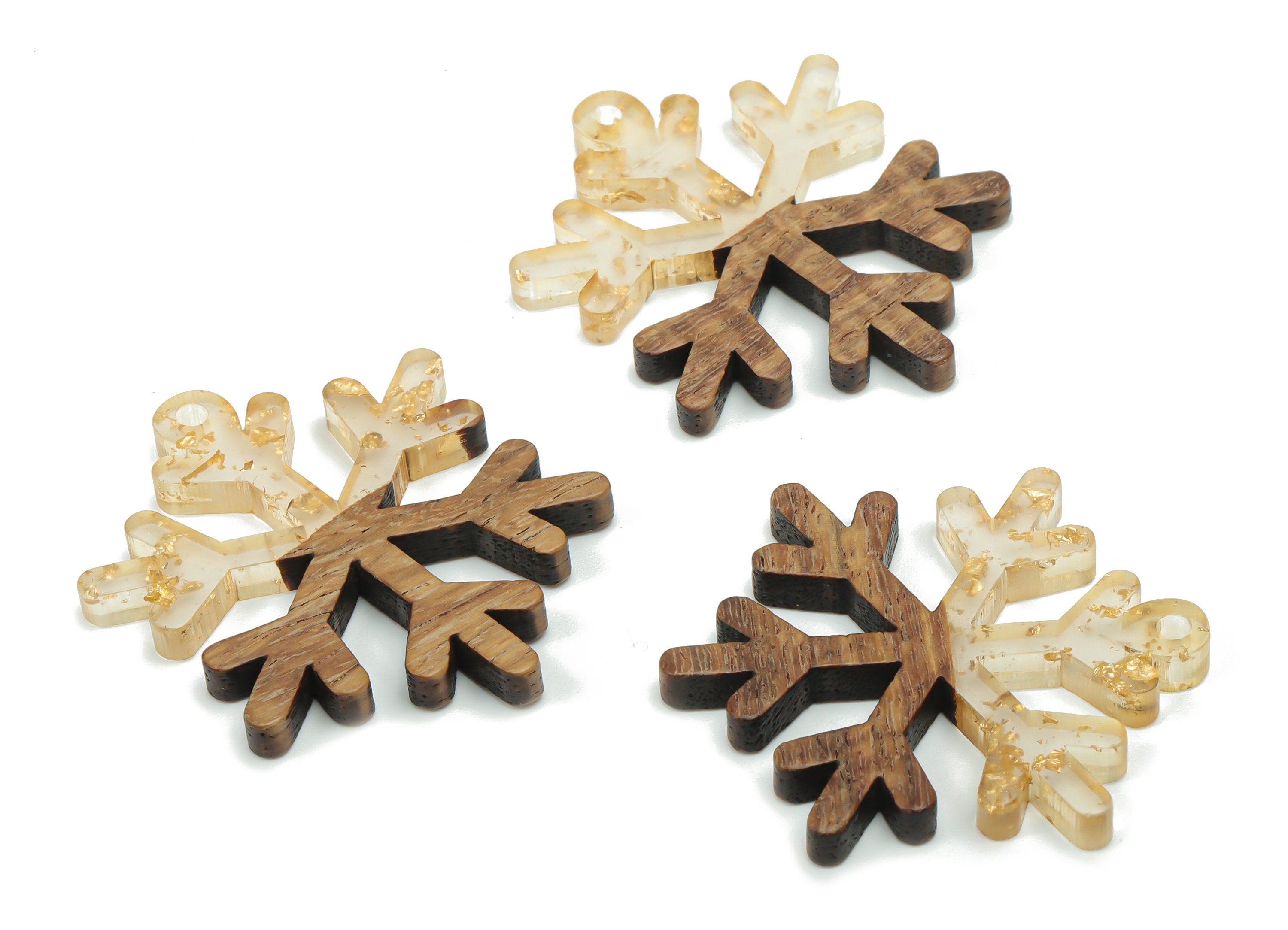 Natural Wooden Snowflake Earring Charms - Resin Snowflake Pendant - DIY Jewelry Making Supplies - 38.04x33.24x3.39mm - BB1143B - DOMEDBAZAAR