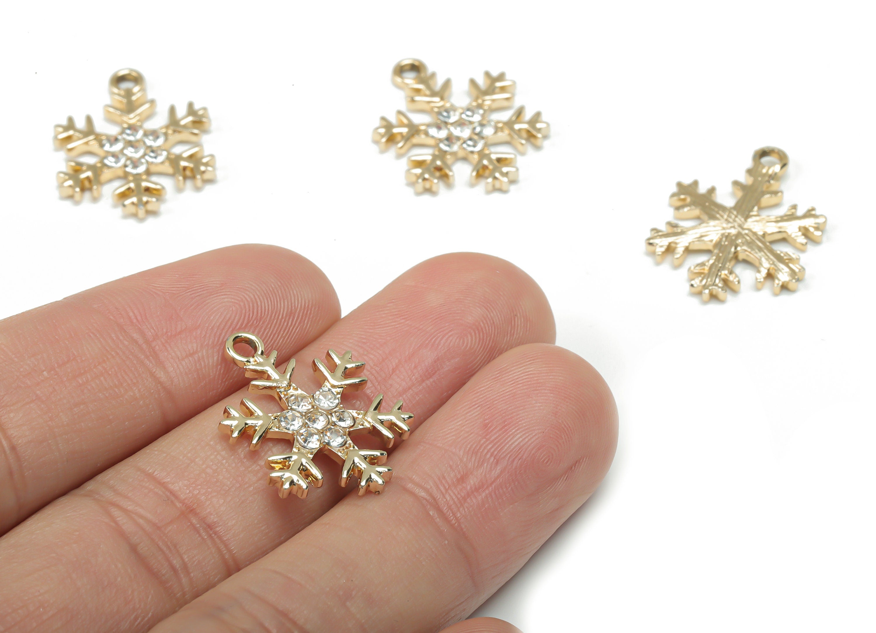 Alloy Snowflake Earring Charms - Glass Snowflake Pendant - Gold Tone Plated Alloy - Jewelry Making Supplies - 22.03x16.84x2.03mm - ZZ1973 - DOMEDBAZAAR
