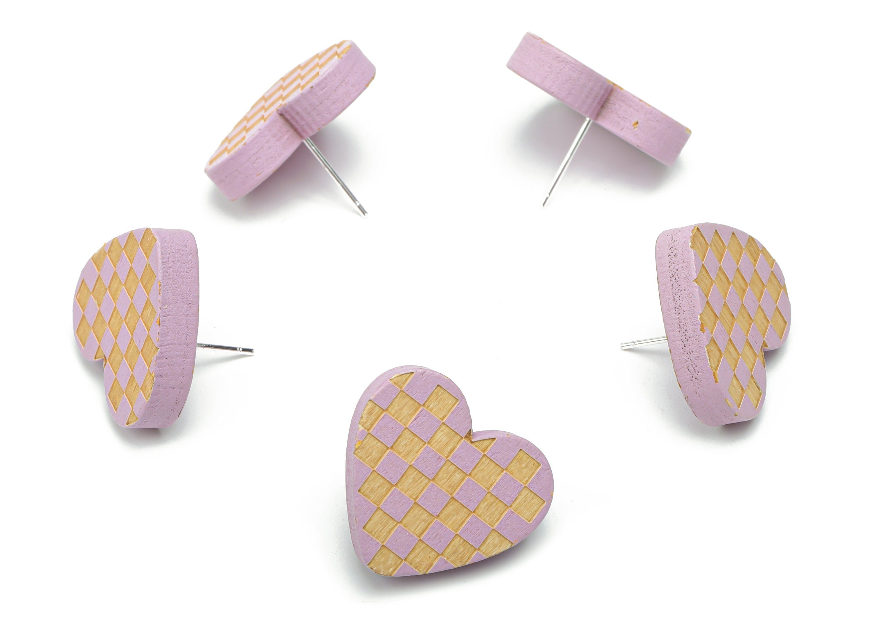 Poplar Plywood Tattersall Heart Earring Stud - Poplar Plywood Heart Earring Post - Silver Plated Brass Stud - 20.78x18.88x4.56mm - BB1150A - DOMEDBAZAAR