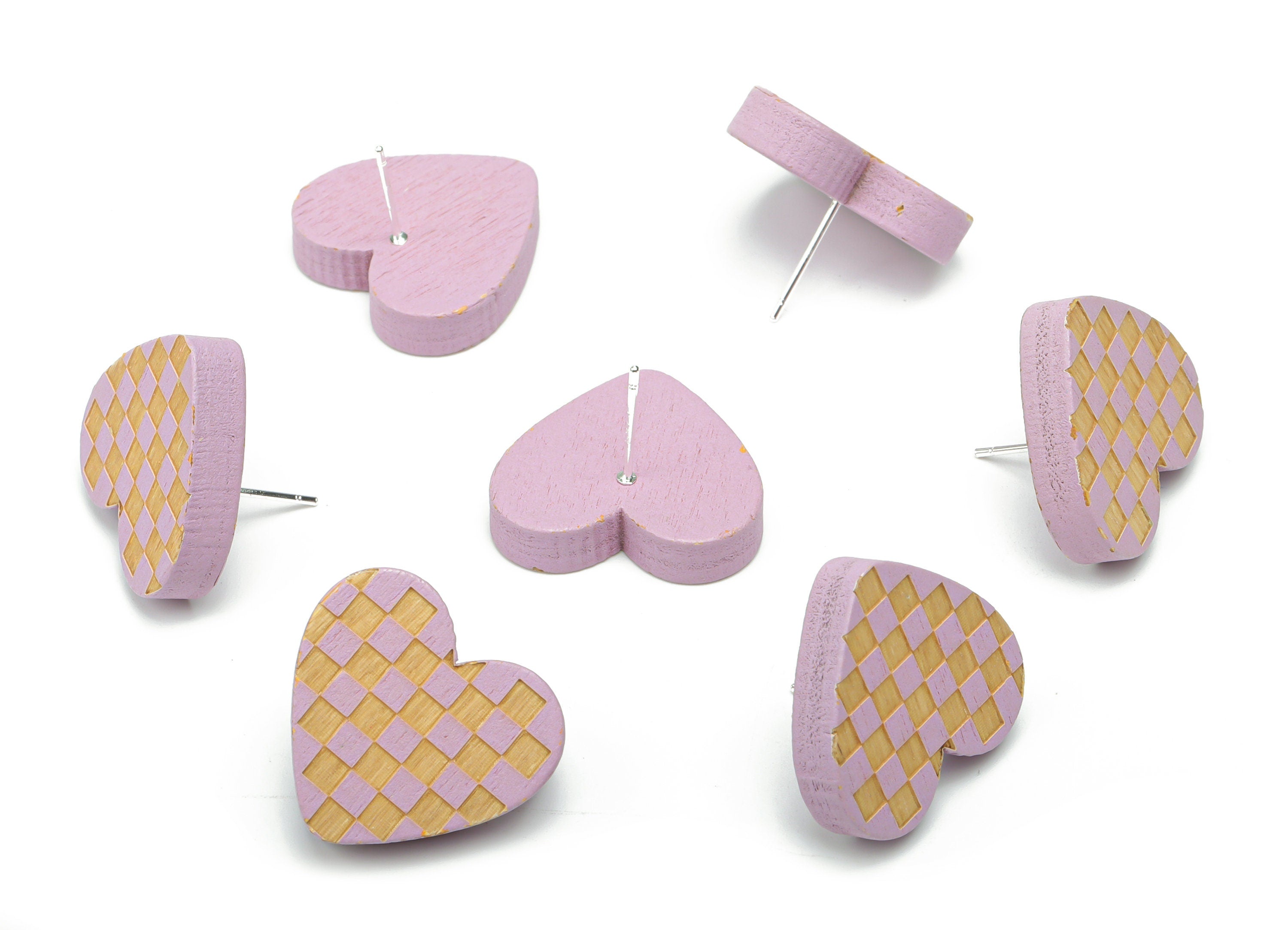 Poplar Plywood Tattersall Heart Earring Stud - Poplar Plywood Heart Earring Post - Silver Plated Brass Stud - 20.78x18.88x4.56mm - BB1150A - DOMEDBAZAAR