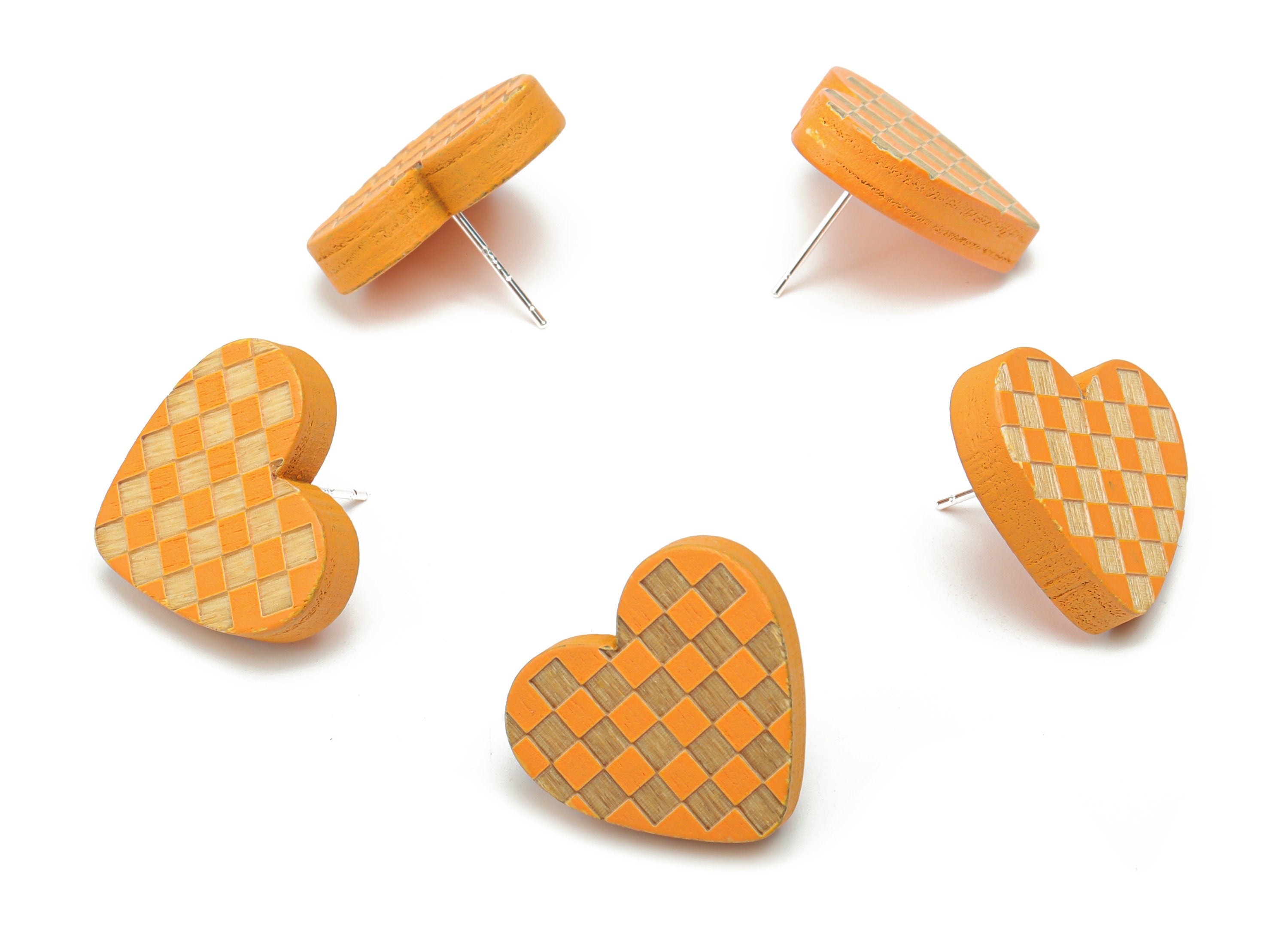 Poplar Plywood Tattersall Heart Earring Stud - Poplar Plywood Heart Earring Post - Silver Plated Brass Stud - 20.78x18.88x4.56mm - BB1150B - DOMEDBAZAAR