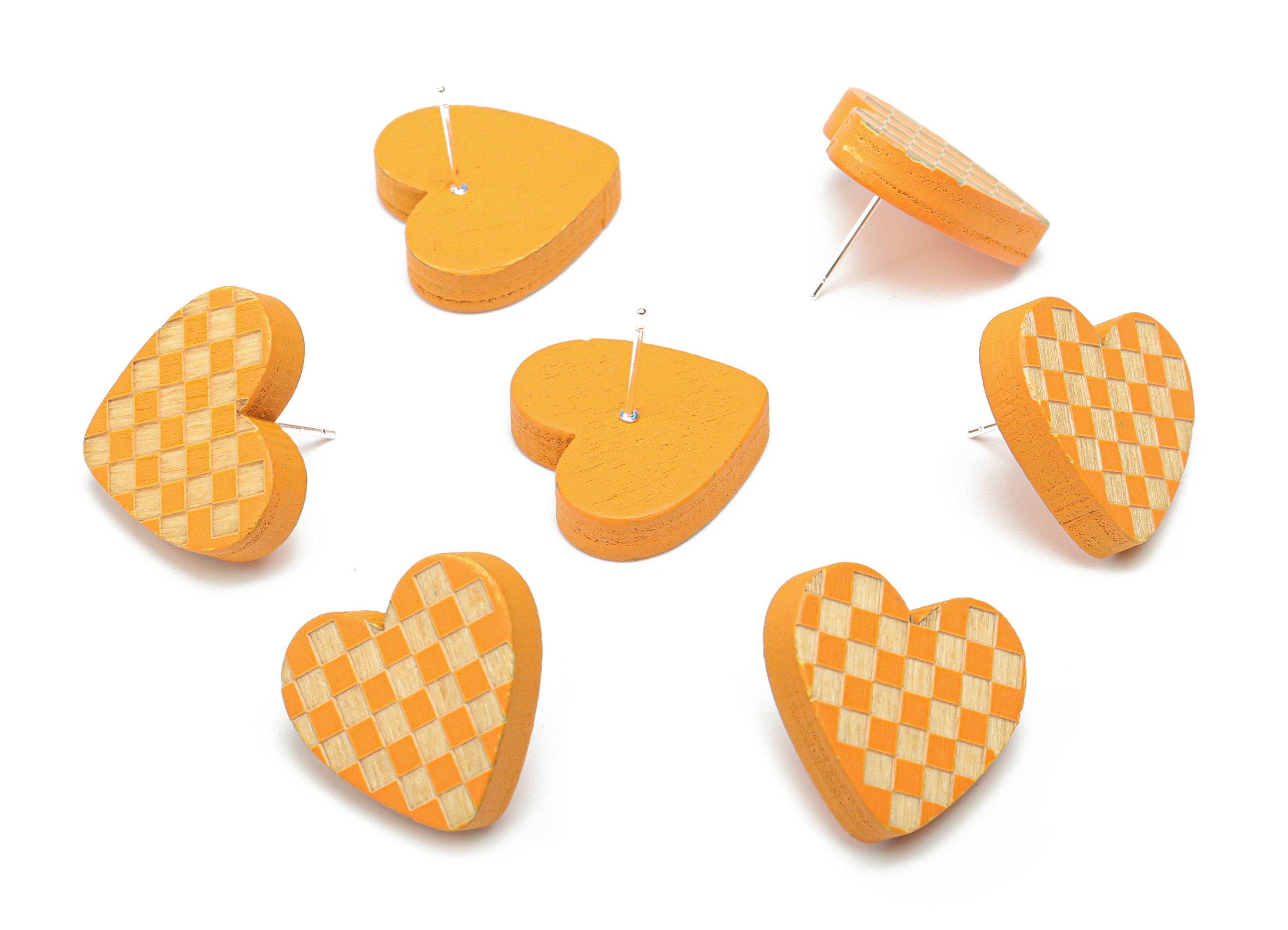 Poplar Plywood Tattersall Heart Earring Stud - Poplar Plywood Heart Earring Post - Silver Plated Brass Stud - 20.78x18.88x4.56mm - BB1150B - DOMEDBAZAAR