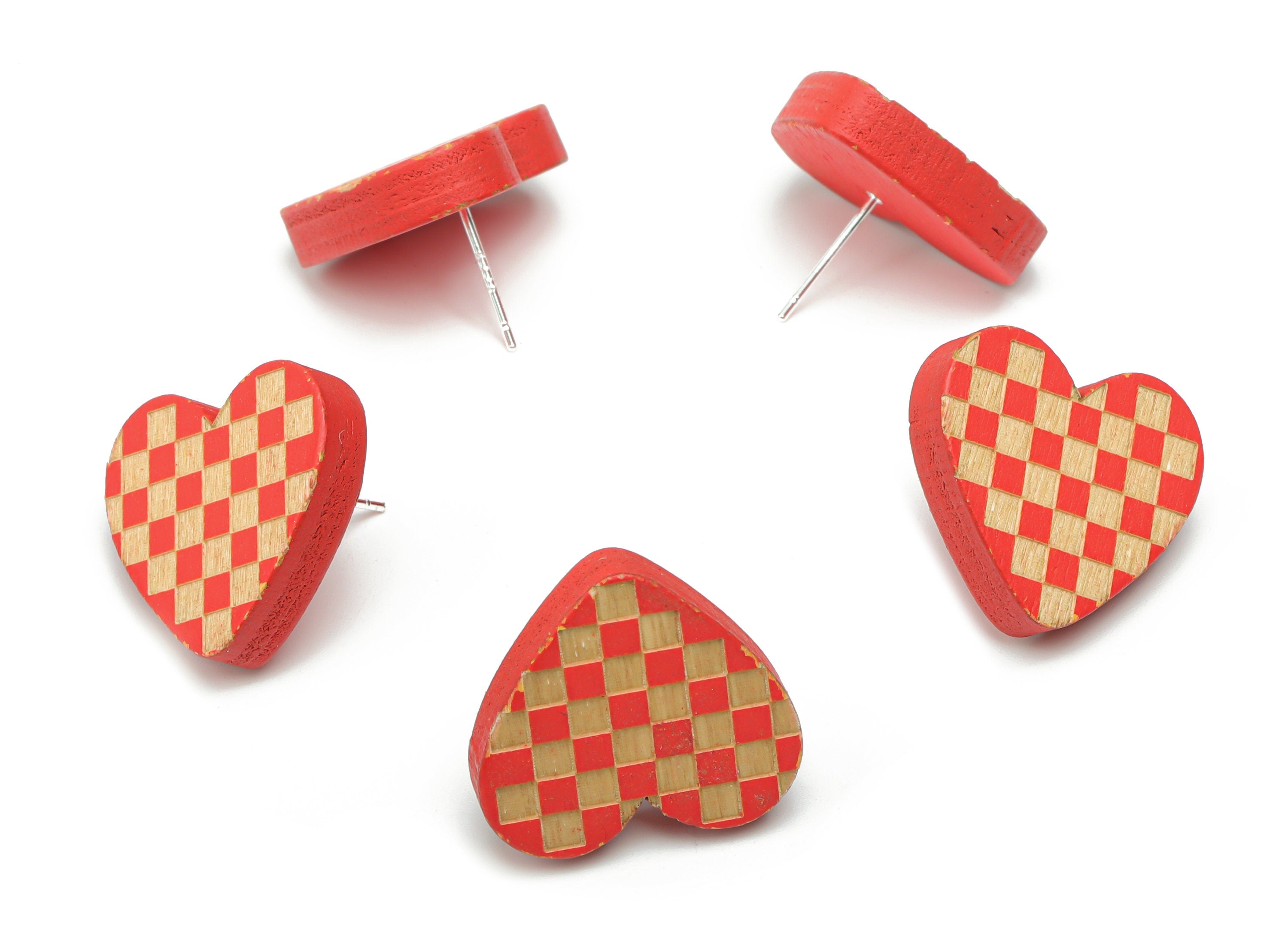 Poplar Plywood Tattersall Heart Earring Stud - Poplar Plywood Heart Earring Post - Silver Plated Brass Stud - 20.78x18.88x4.56mm - BB1150C - DOMEDBAZAAR