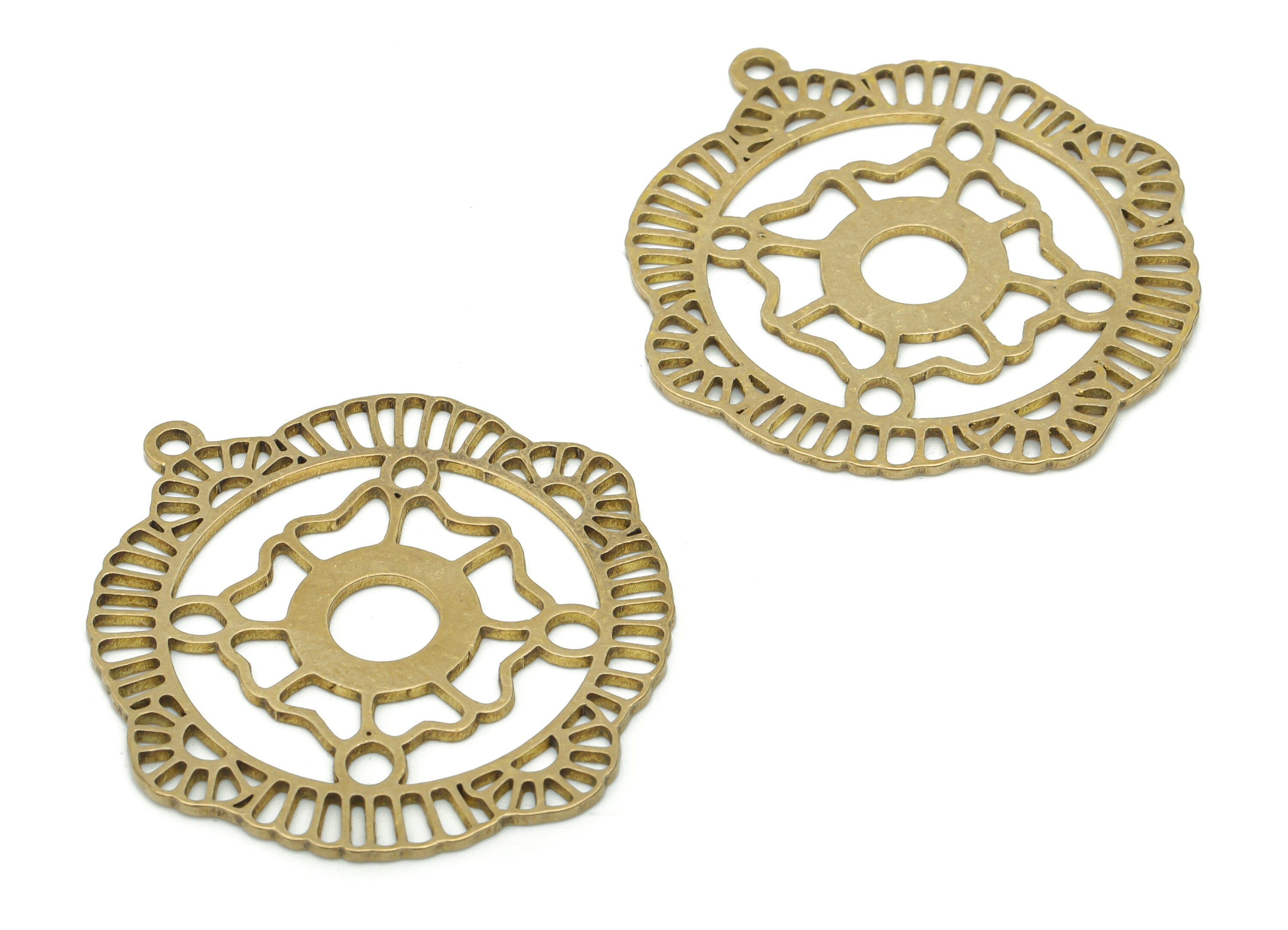 Brass Irregular Round Flower Earring Charms - Raw Brass Semicircle Circle Pendant - Jewelry Making Supplies - 37.66x34.6x0.86mm - PPA1774 - DOMEDBAZAAR