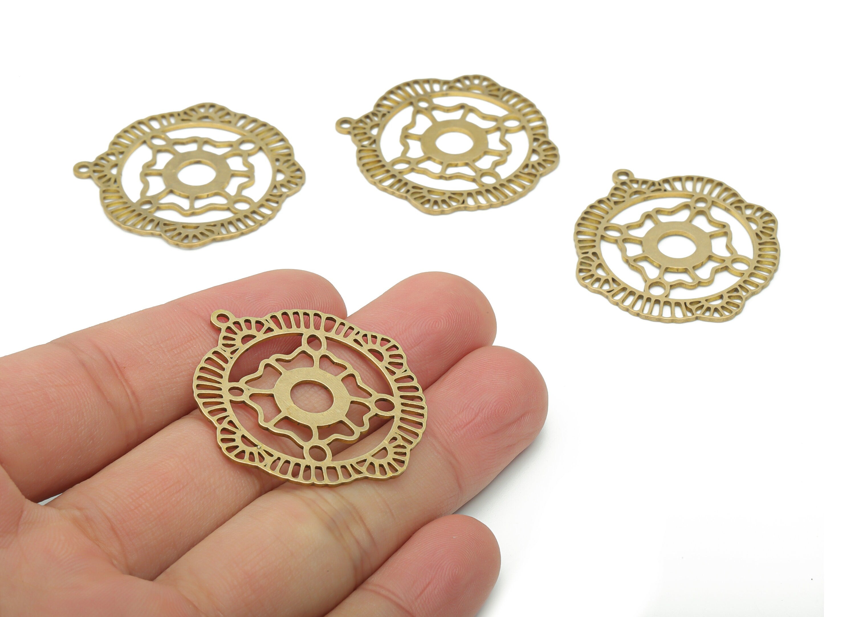 Brass Irregular Round Flower Earring Charms - Raw Brass Semicircle Circle Pendant - Jewelry Making Supplies - 37.66x34.6x0.86mm - PPA1774 - DOMEDBAZAAR