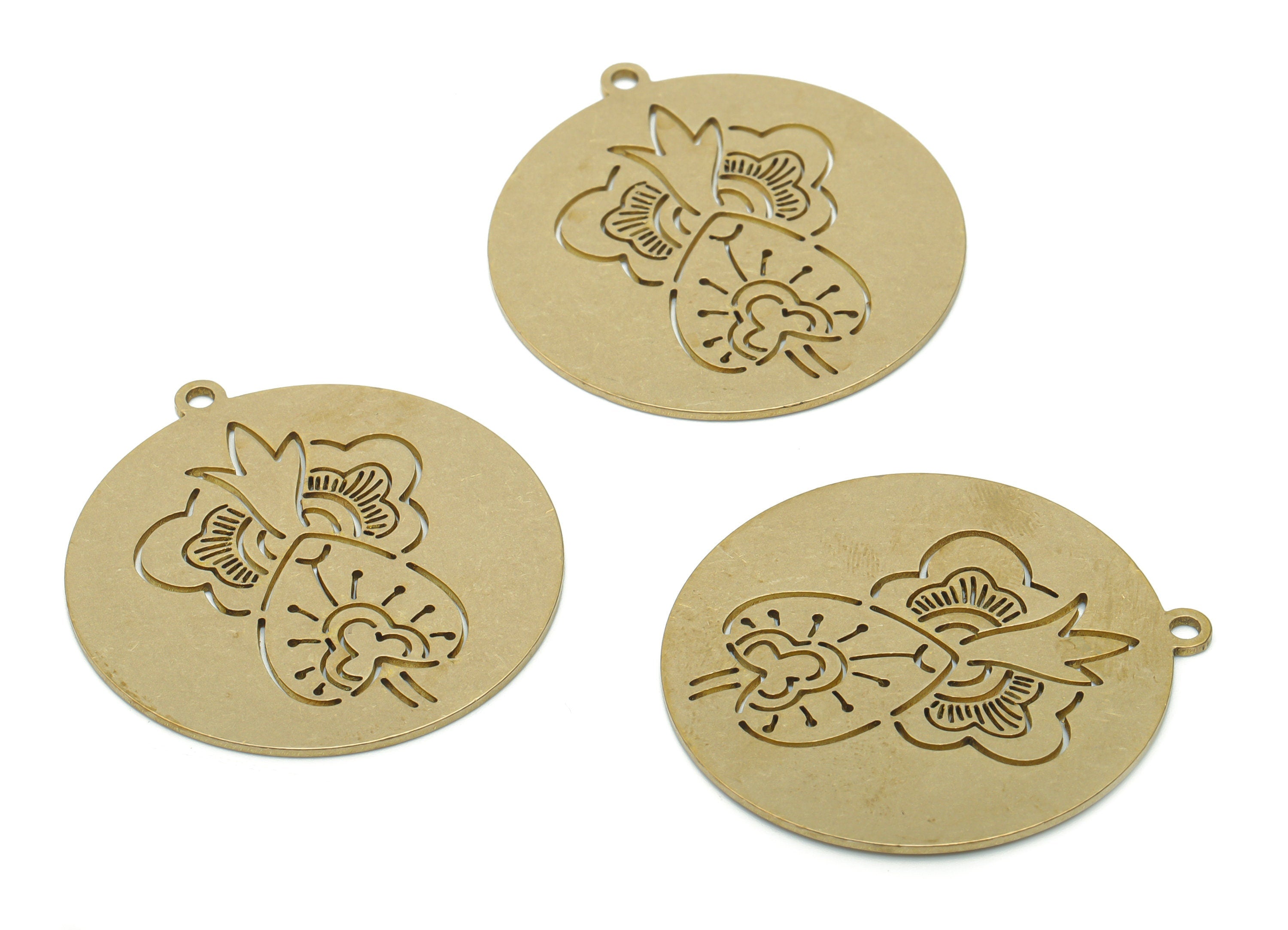 Brass Round Flower Earring Charms - Raw Brass Heart Circle Pendant - Jewelry Making Supplies - 35.82x33.08x0.83mm - PPA1798 - DOMEDBAZAAR