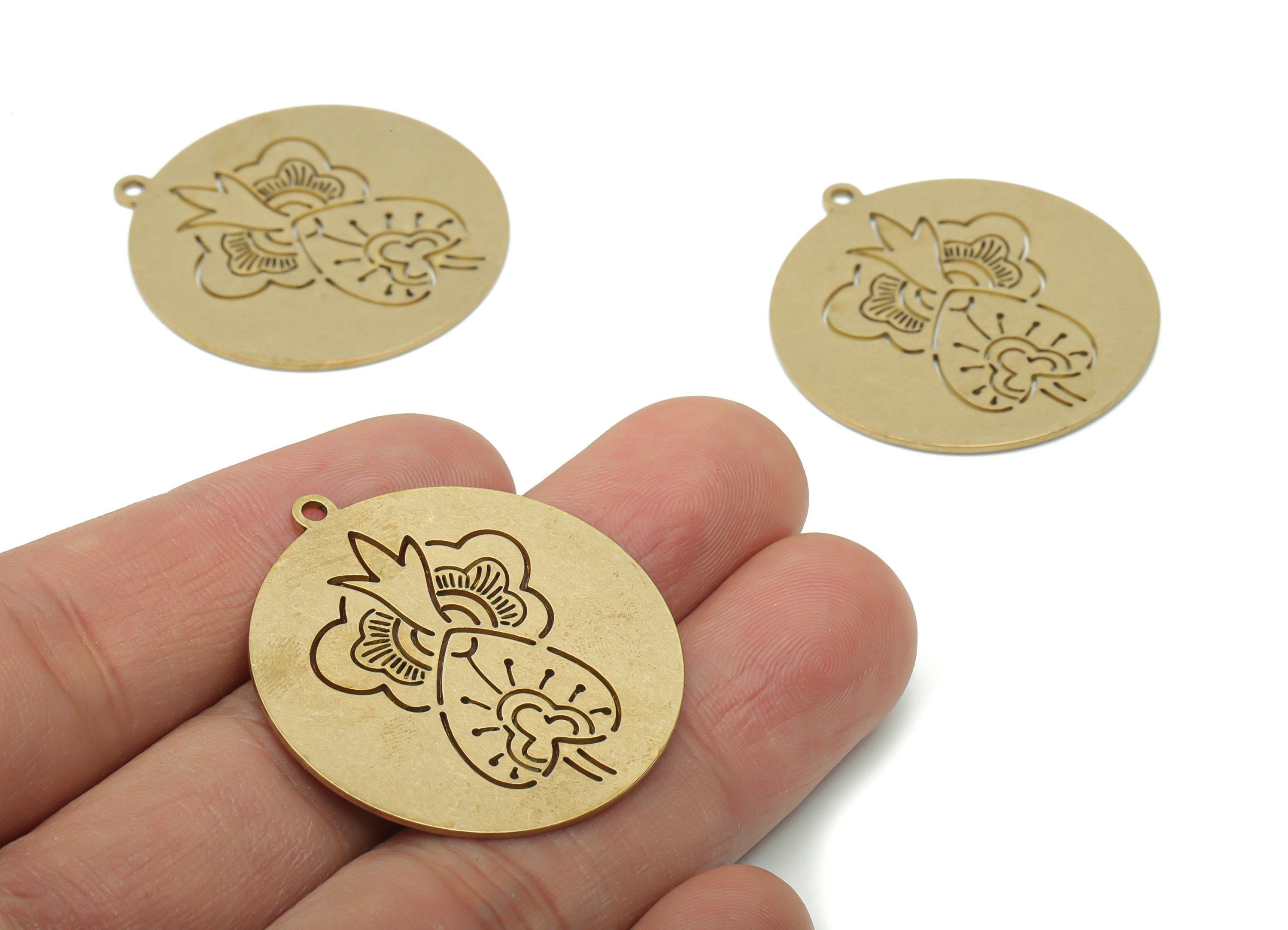 Brass Round Flower Earring Charms - Raw Brass Heart Circle Pendant - Jewelry Making Supplies - 35.82x33.08x0.83mm - PPA1798 - DOMEDBAZAAR