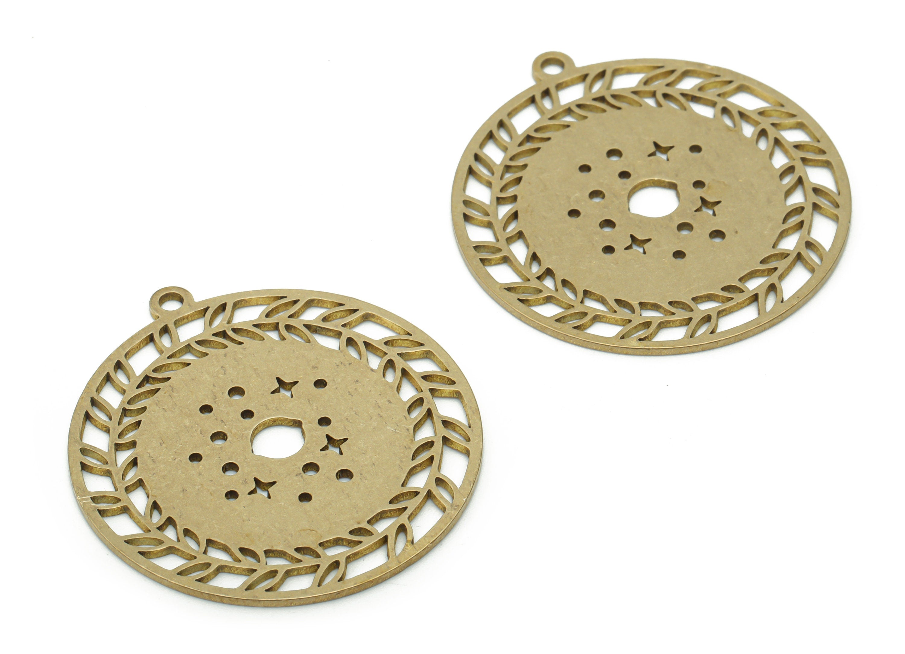 Brass Round Branch Star Earring Charms - Raw Brass Planet Circle Pendant - Jewelry Making Supplies - 34.73x31.98x0.84mm - PPA1290 - DOMEDBAZAAR