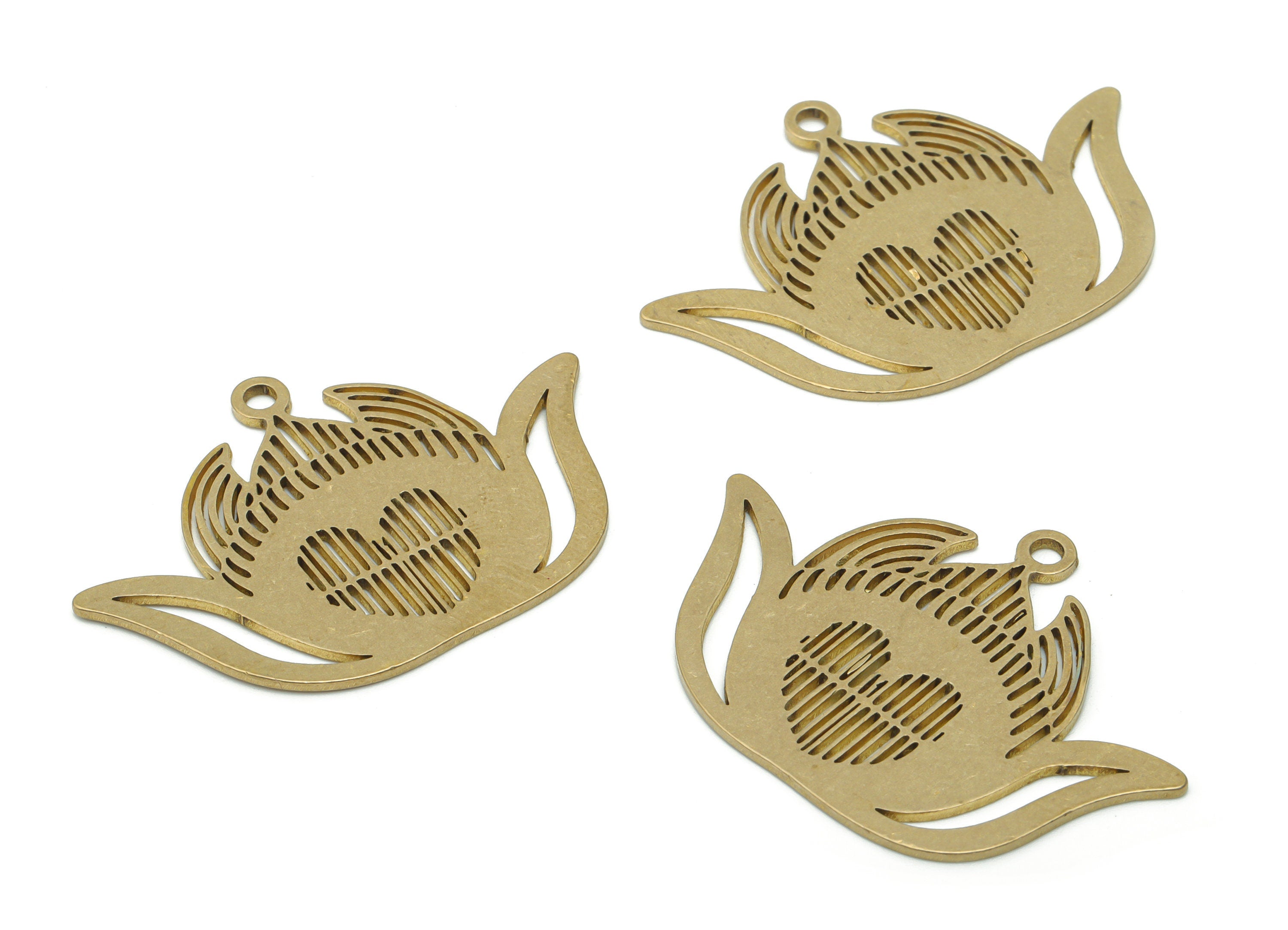 Brass Petal Lotus Earring Charms - Raw Brass Hollow Heart Pendant - Jewelry Making Supplies - 37.74x26.44x0.85mm - PPA1557 - DOMEDBAZAAR
