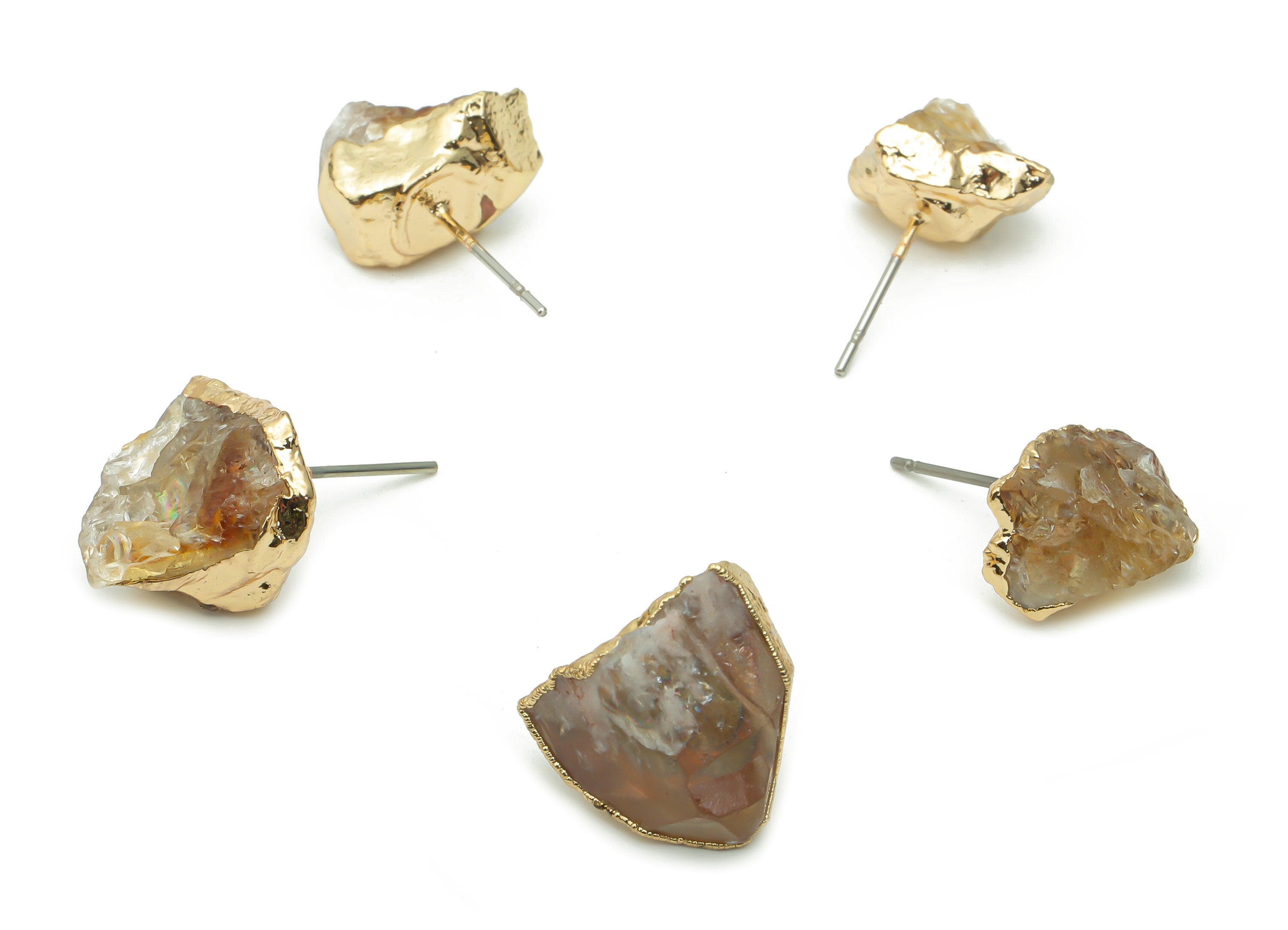 Citrine Natural Stone Earring Stud - Brass Stone Earring Post - Gold Tone Plated Brass – Stainless Steel Stud - 16.9x9.56x6.3mm – NS1596A - DOMEDBAZAAR