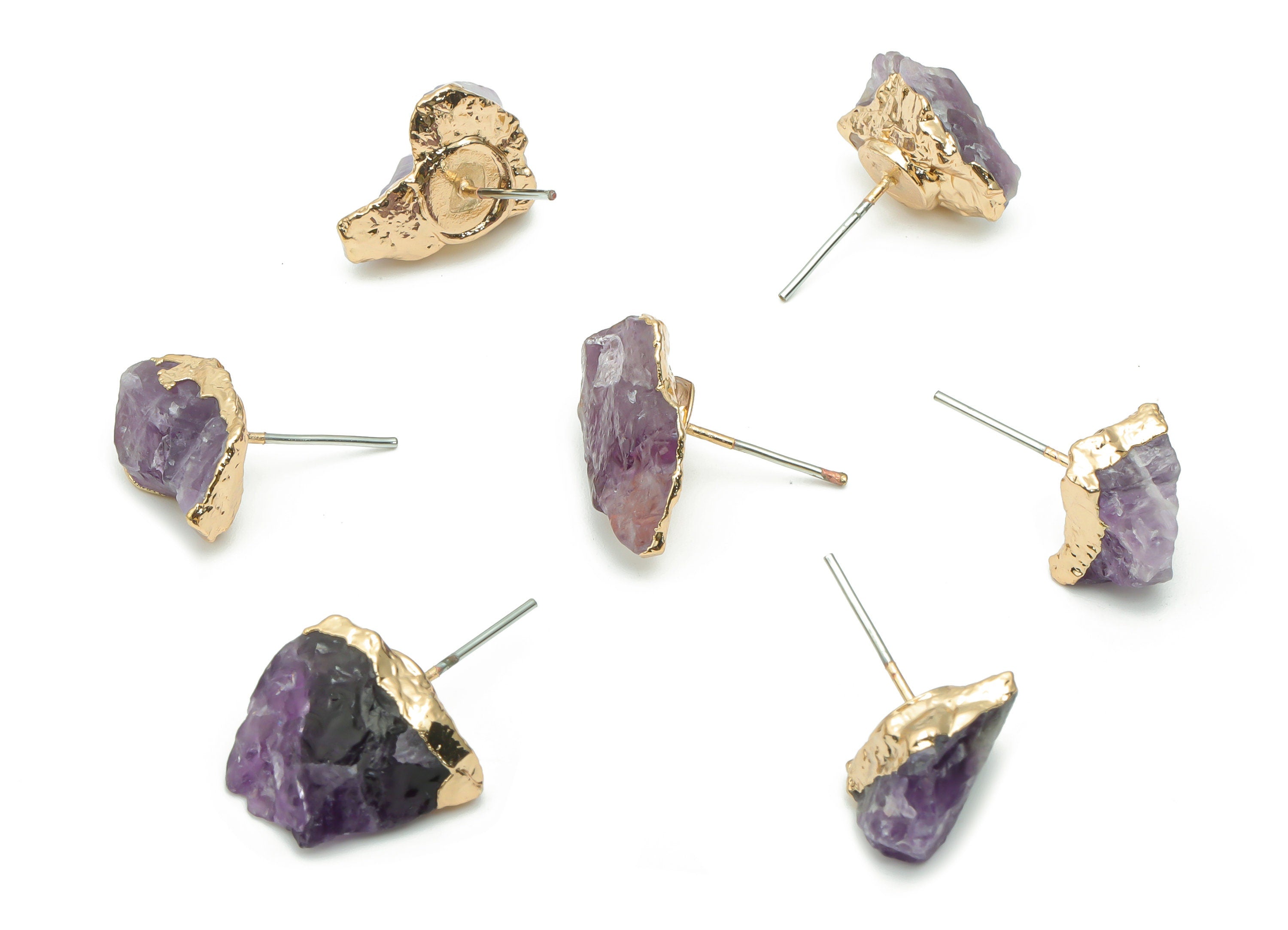 Amethyst Natural Stone Earring Stud - Brass Stone Earring Post - Gold Tone Plated Brass – Stainless Steel Stud - 17.38x11.43x7.9mm – NS1596B - DOMEDBAZAAR