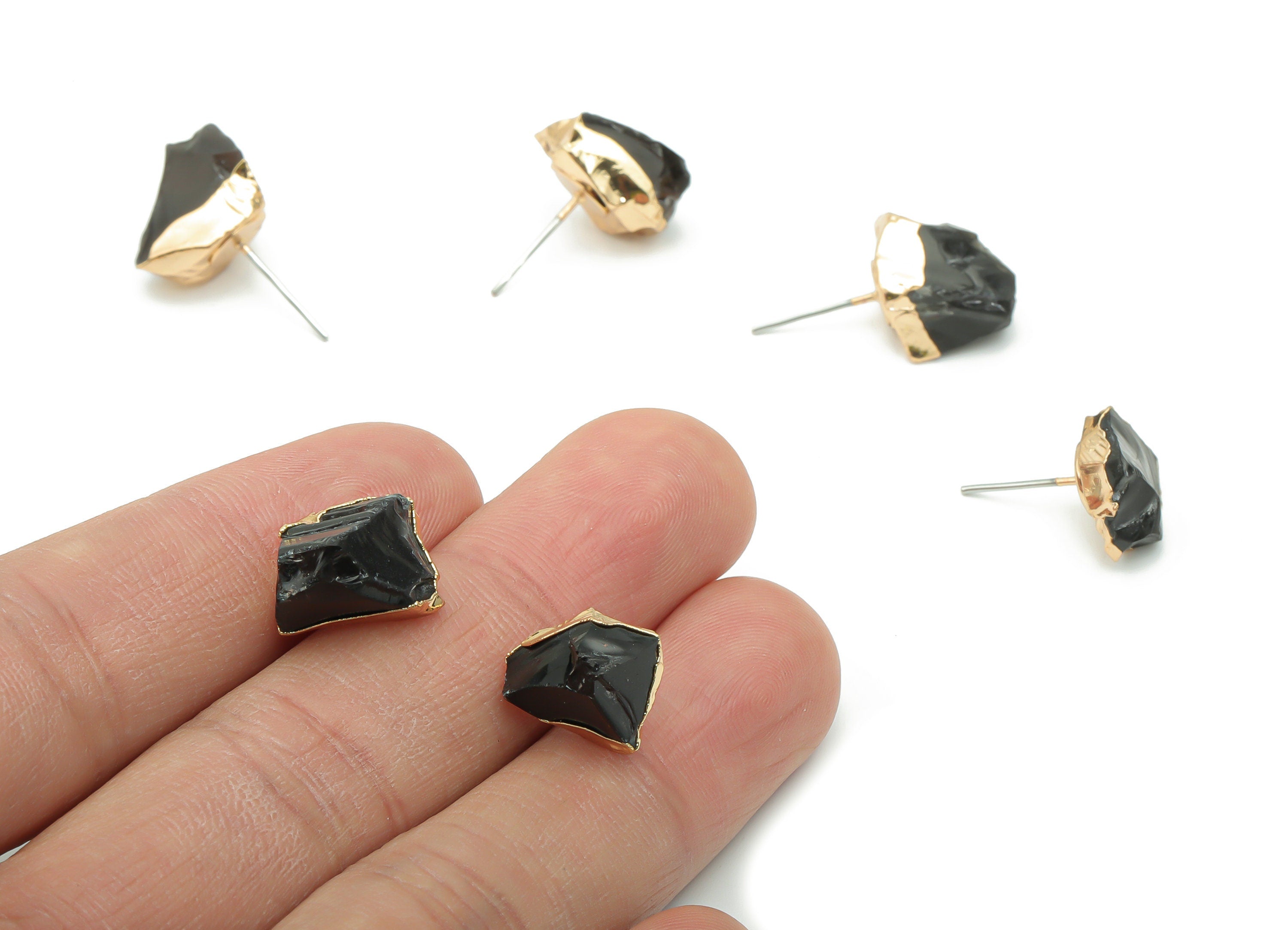 Black Obsidian Natural Stone Stud - Brass Stone Earring Post - Gold Tone Plated Brass – Stainless Steel Stud - 15.48x10.52x6.98mm – NS1596D - DOMEDBAZAAR