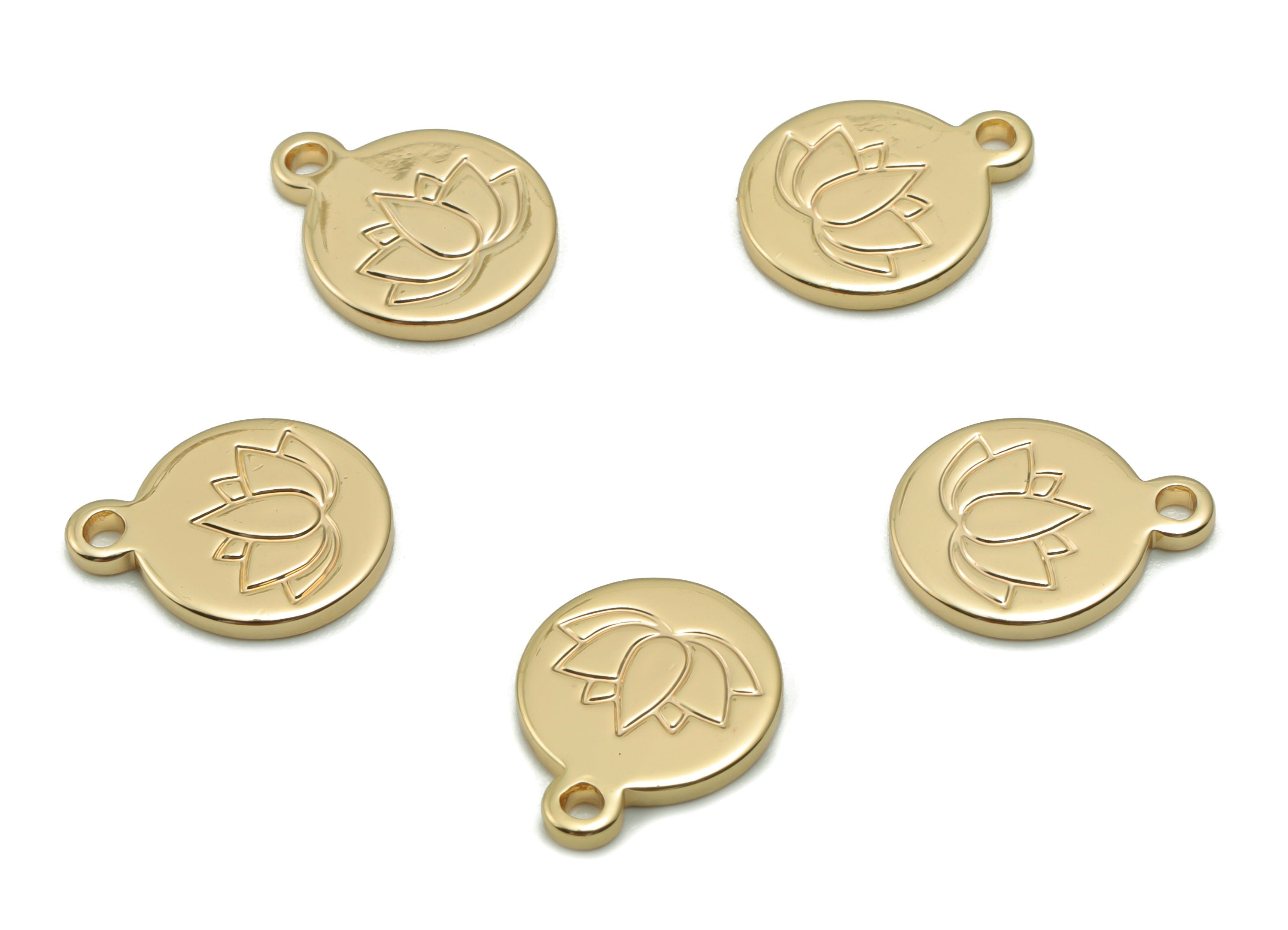 Brass Mini Round Lotus Earring Charms - Gold Lotus Engraved Pendant - 18K Real Gold Plated Brass - 12.64x10.17x1.31mm - RGP4202 - DOMEDBAZAAR