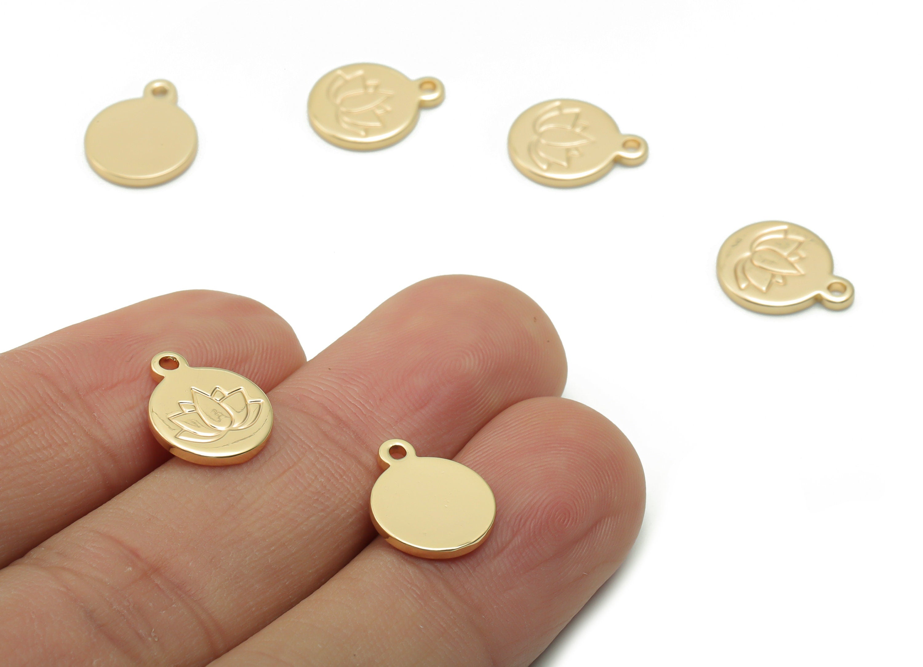 Brass Mini Round Lotus Earring Charms - Gold Lotus Engraved Pendant - 18K Real Gold Plated Brass - 12.64x10.17x1.31mm - RGP4202 - DOMEDBAZAAR