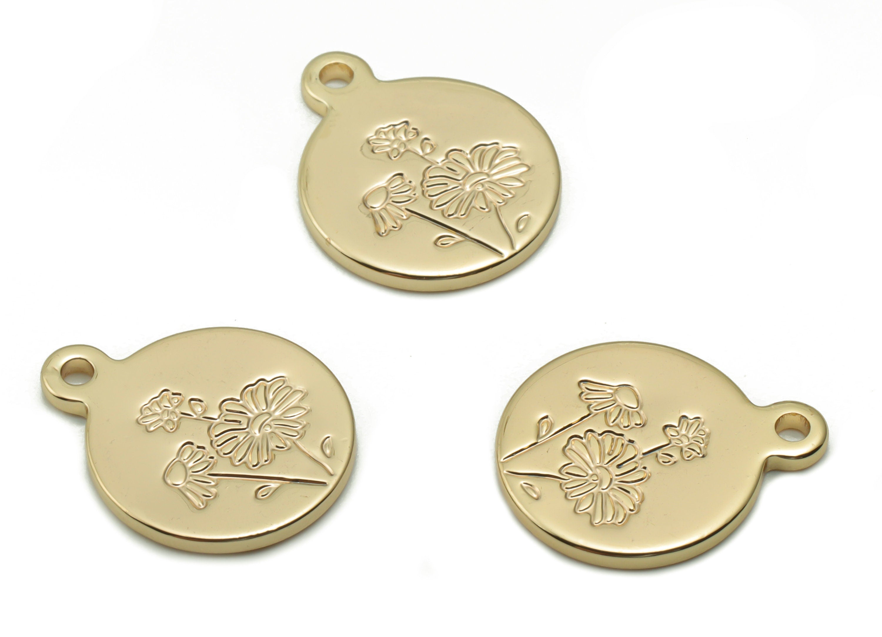 Brass Mini Round Flower Earring Charms - Gold Flower Engraved Pendant - 18K Real Gold Plated Brass - 14.96x12.04x1.22mm - RGP4200 - DOMEDBAZAAR