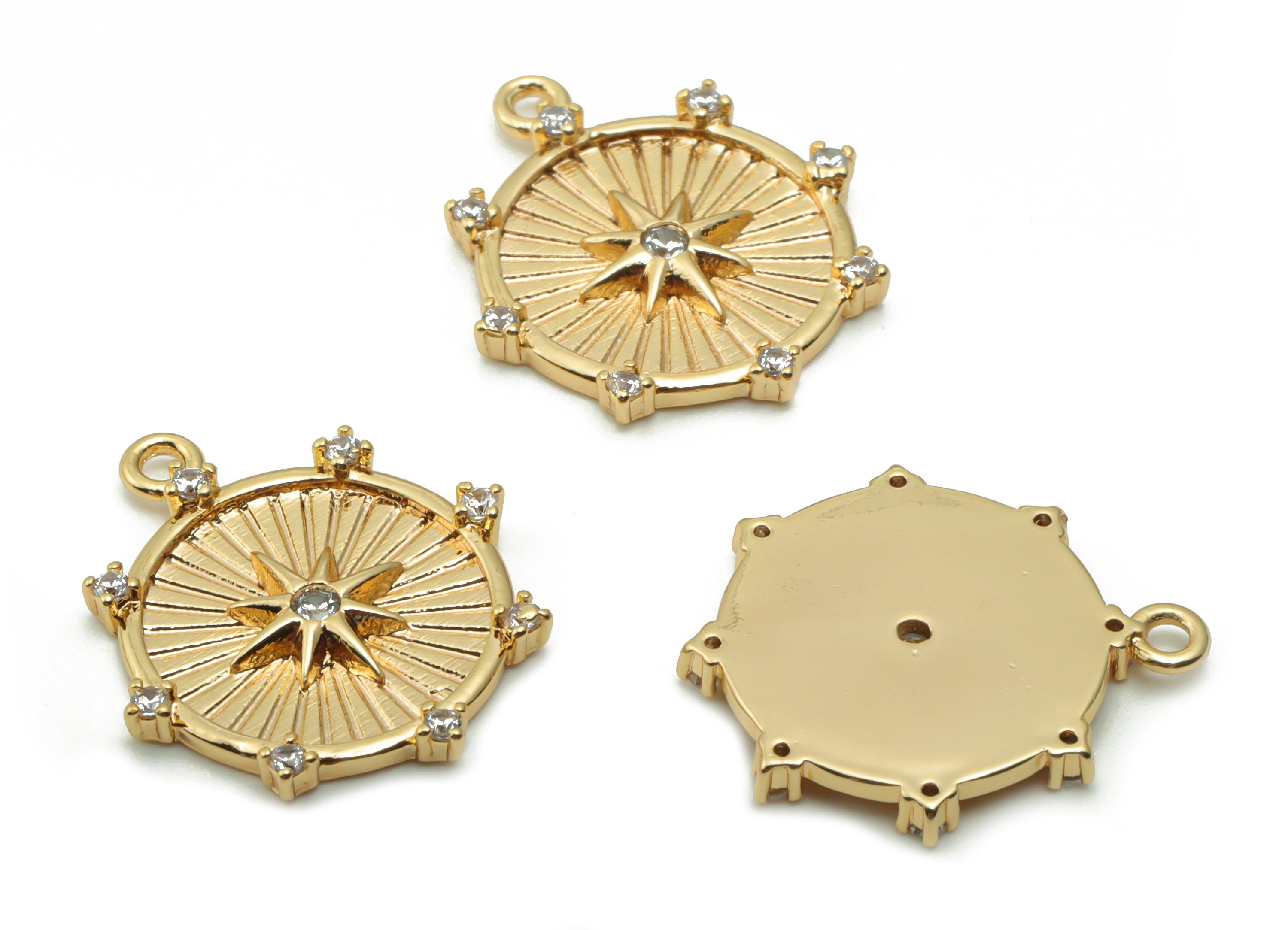Brass Round Star Earring Charms With Zircons - Gold Circle Star Pendant - 18K Real Gold Plated Brass - 17.92x15.85x1.94mm - RGP4188 - DOMEDBAZAAR