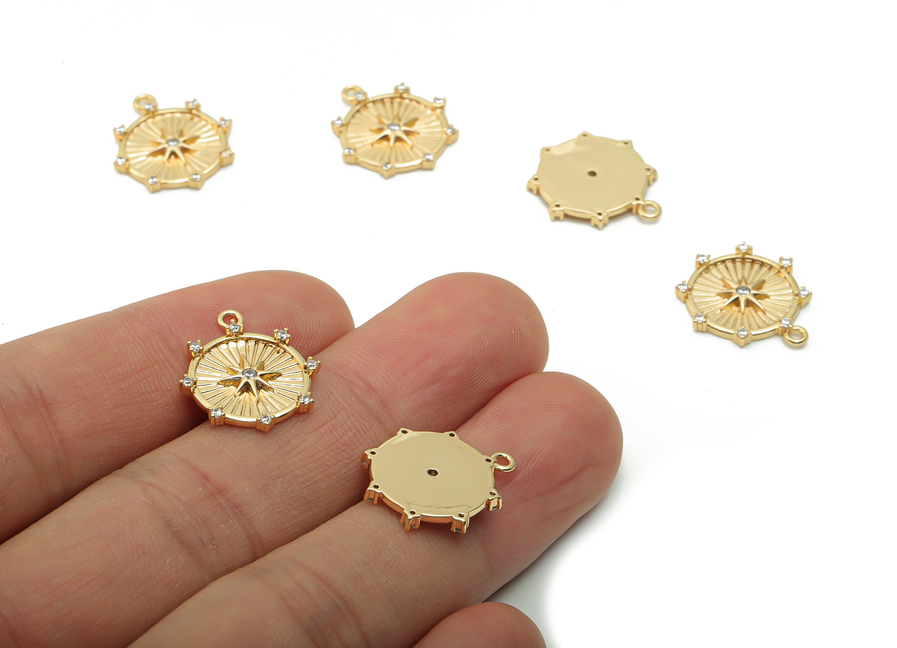 Brass Round Star Earring Charms With Zircons - Gold Circle Star Pendant - 18K Real Gold Plated Brass - 17.92x15.85x1.94mm - RGP4188 - DOMEDBAZAAR