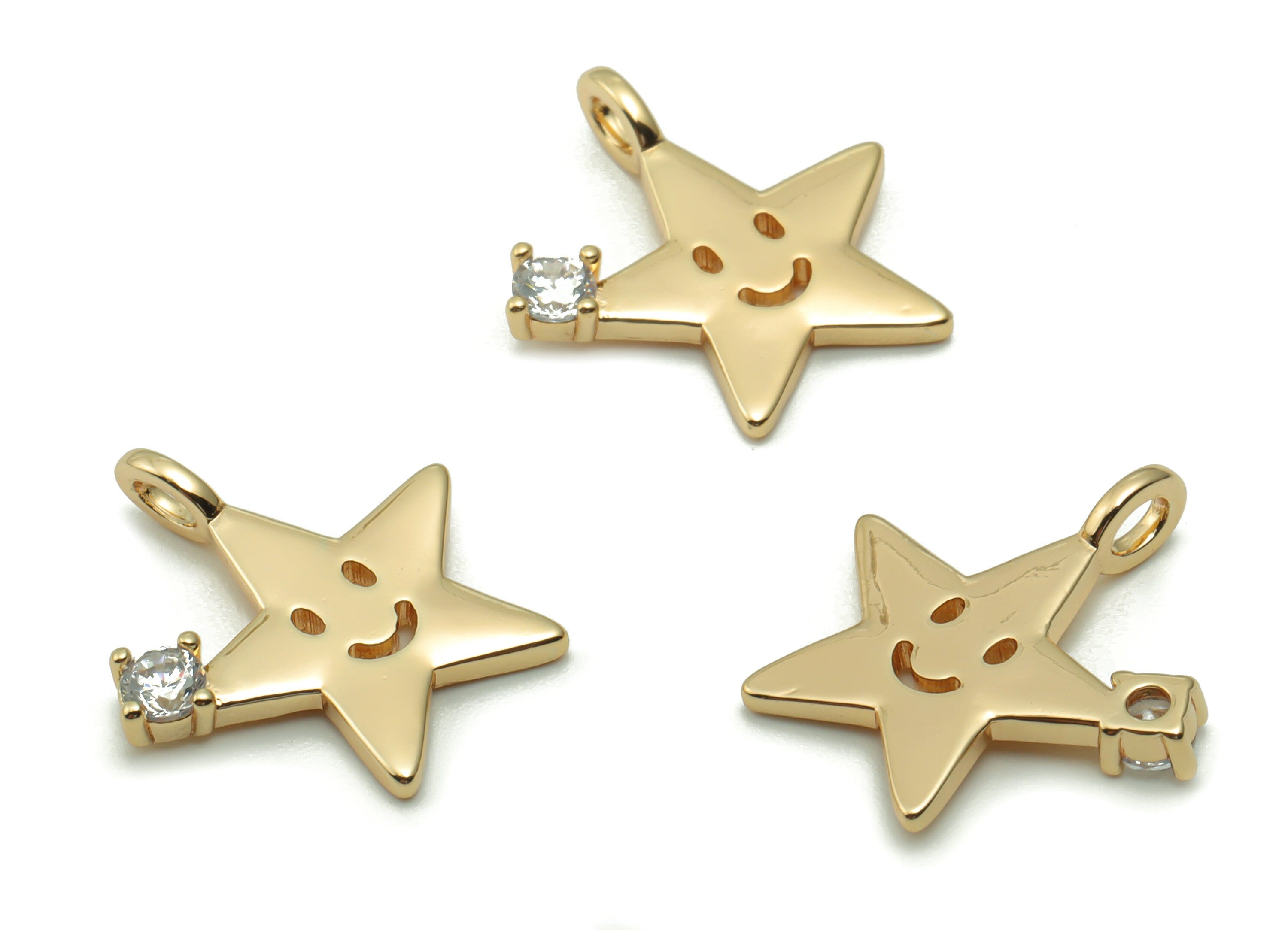 Brass Star Smiley Earring Charms With Zircons - Gold Star Smiley Pendant - 18K Real Gold Plated Brass - 16.72x15.26x2.3mm - RGP4183 - DOMEDBAZAAR