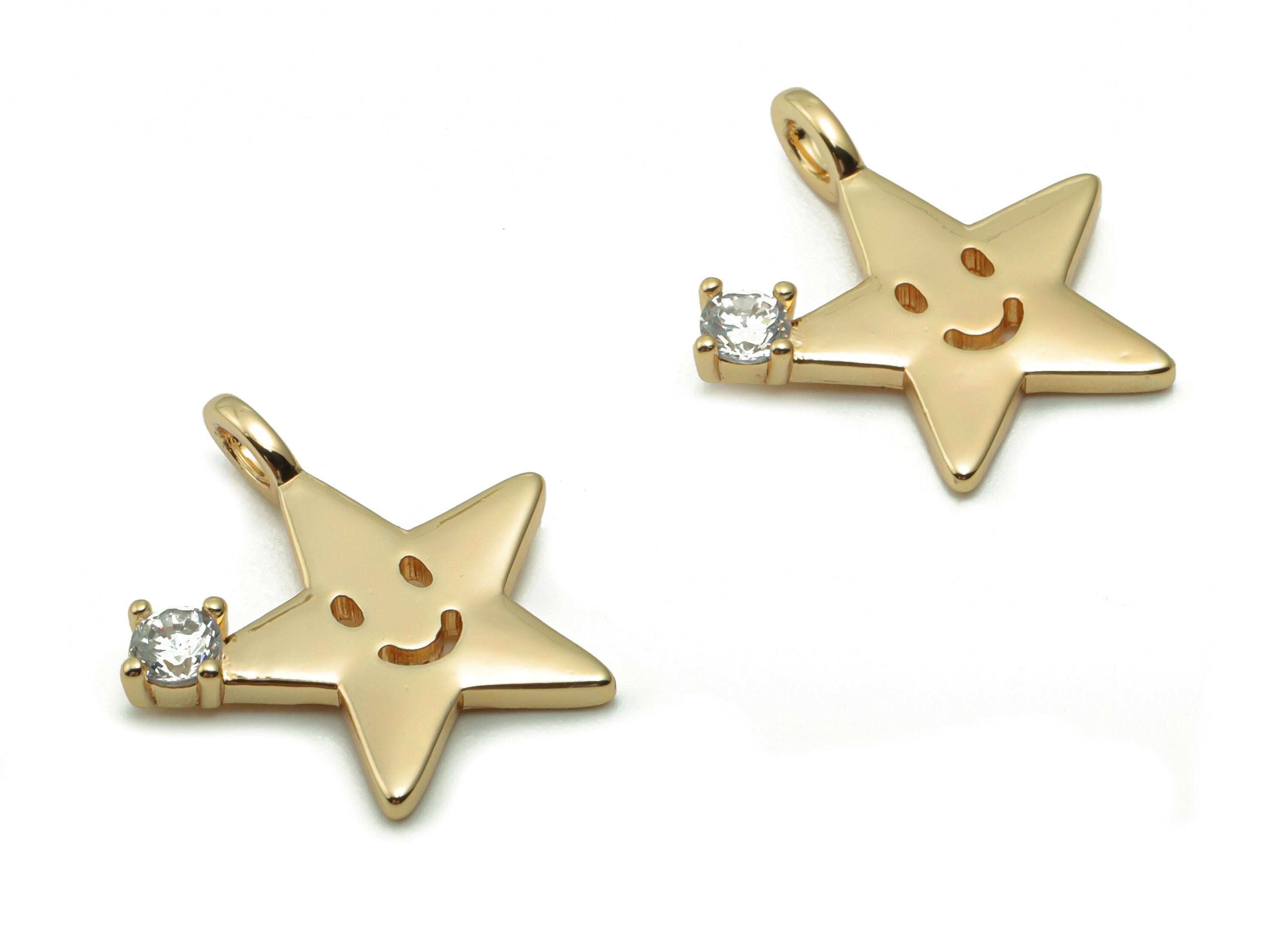 Brass Star Smiley Earring Charms With Zircons - Gold Star Smiley Pendant - 18K Real Gold Plated Brass - 16.72x15.26x2.3mm - RGP4183 - DOMEDBAZAAR