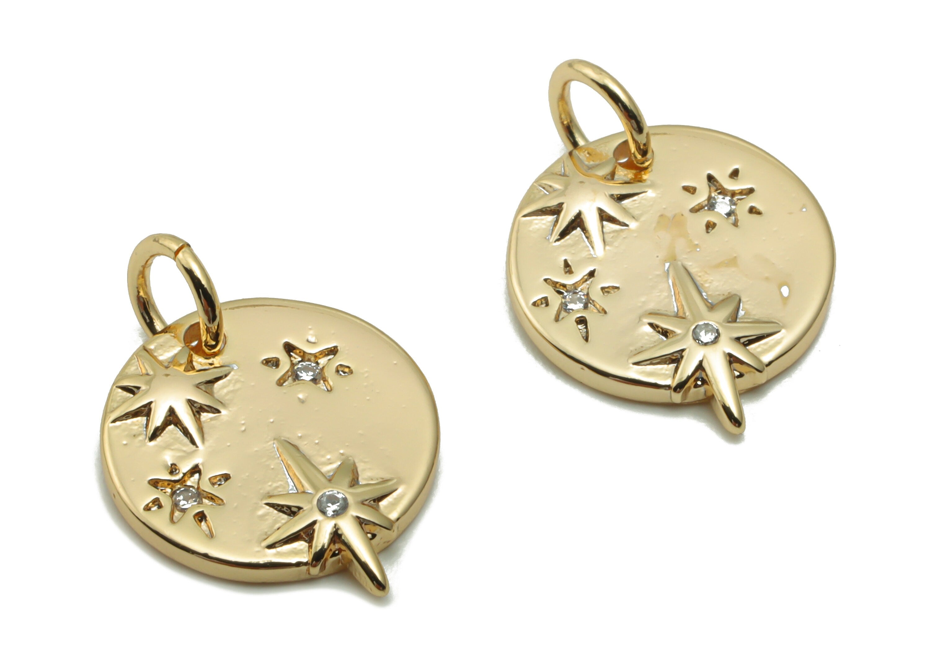 Brass Round Planet Earring Charms With Zircons - Gold Circle Star With Loop Pendant - 18K Real Gold Plated Brass - 17.1x12.1x1.6mm - RGP4187 - DOMEDBAZAAR