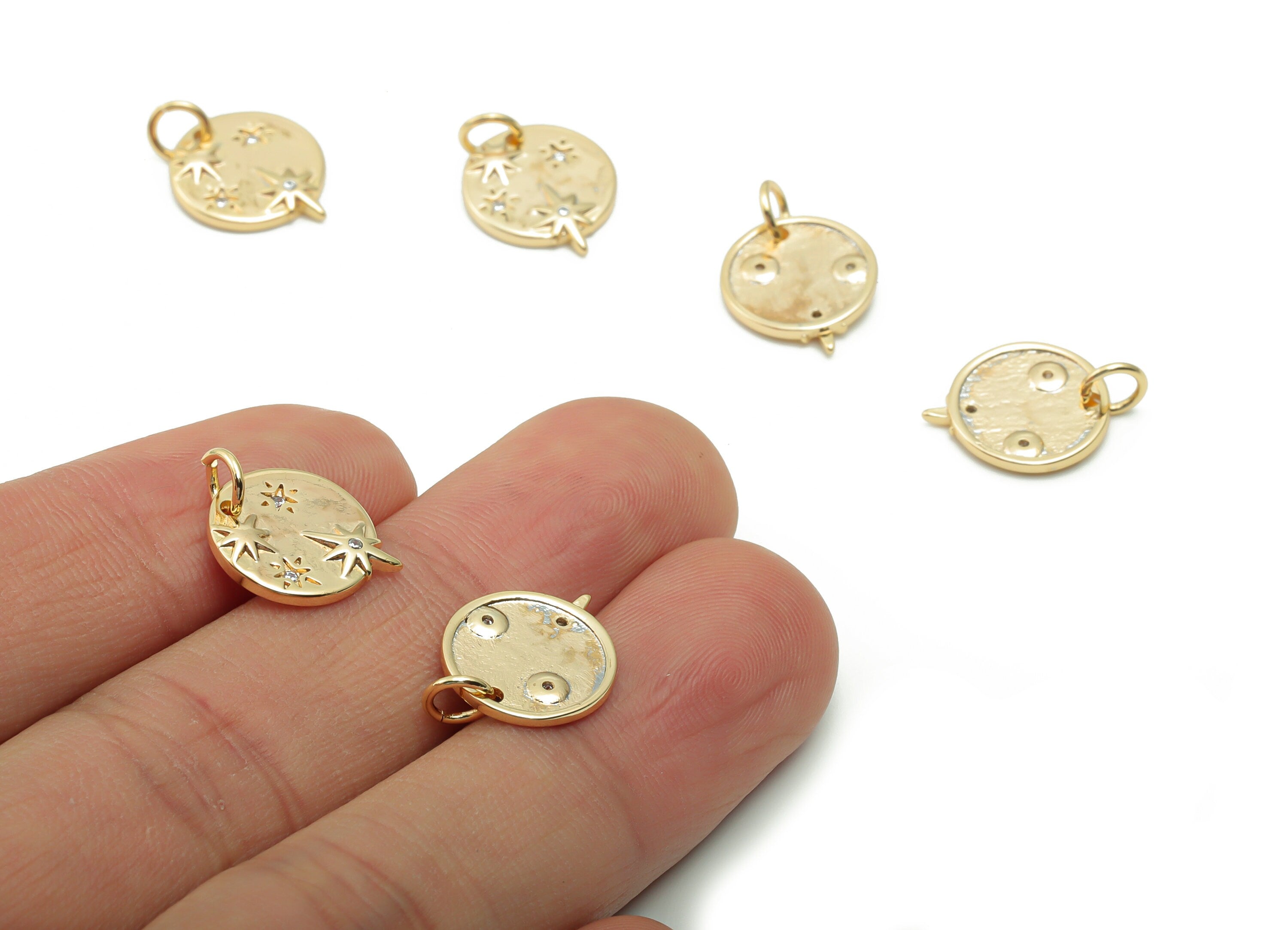 Brass Round Planet Earring Charms With Zircons - Gold Circle Star With Loop Pendant - 18K Real Gold Plated Brass - 17.1x12.1x1.6mm - RGP4187 - DOMEDBAZAAR
