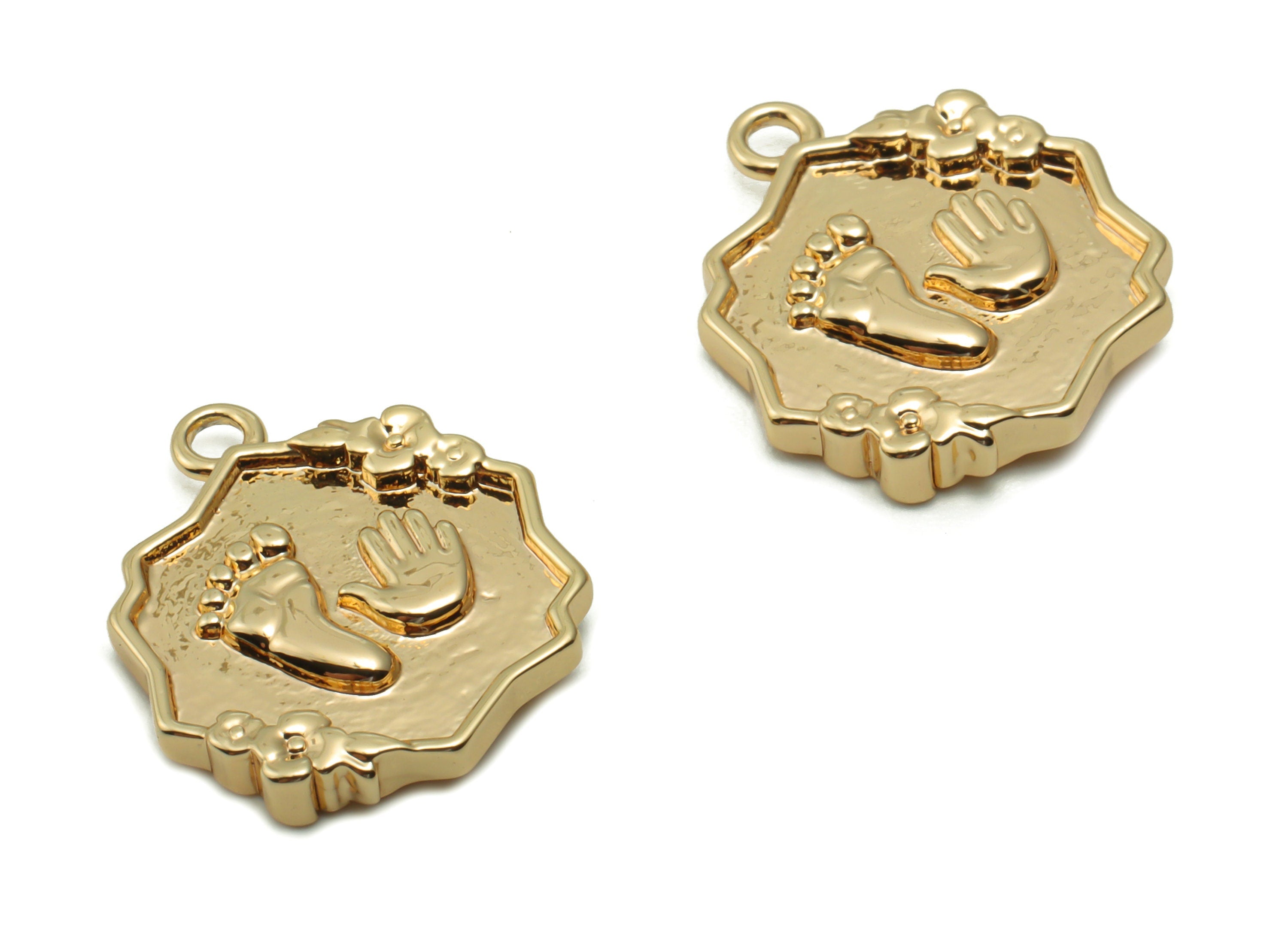 Brass Hexagon Flower Earring Charms - Gold Hands and Feet Pendant - 18K Real Gold Plated Brass - 16.98x14.39x2.47mm - RGP4198 - DOMEDBAZAAR