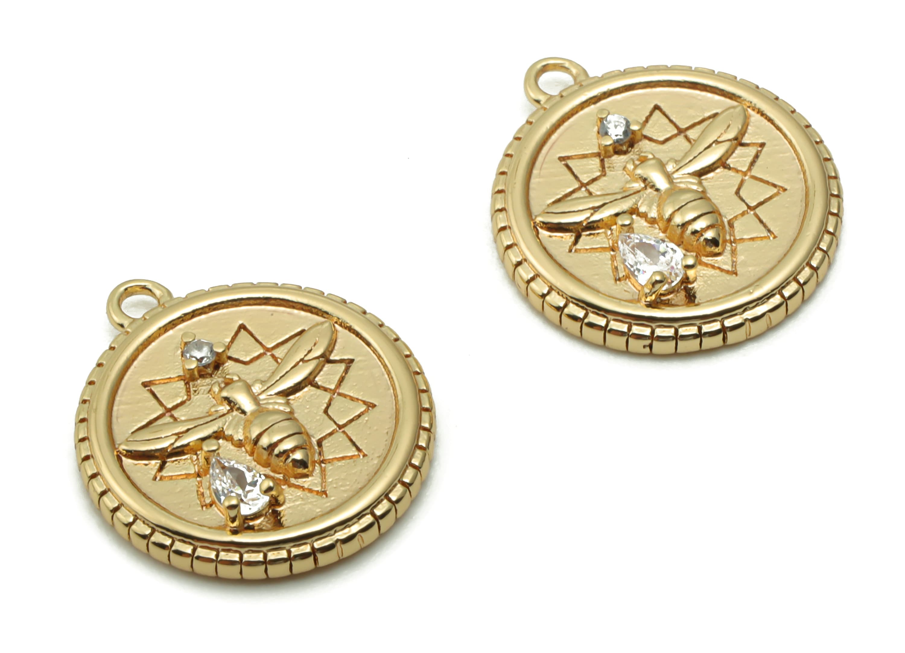 Brass Round Bee Earring Charms With Zircons - Gold Circle Bee Pendant - 18K Real Gold Plated Brass - 17.92x15.85x1.94mm - RGP4189 - DOMEDBAZAAR