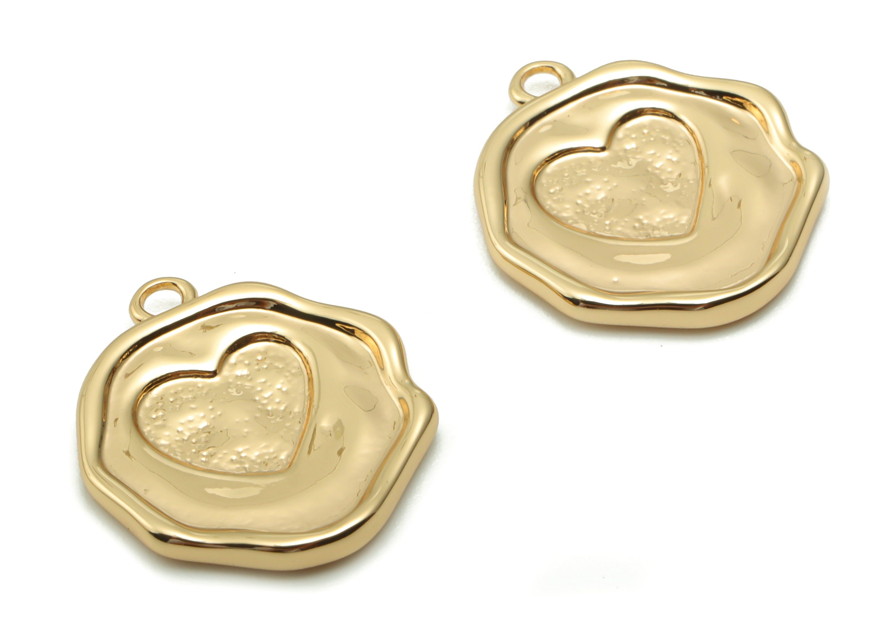 Brass Round Heart Earring Charms - Gold Circle Heart Pendant - 18K Real Gold Plated Brass - Jewelry Supplies - 16.88x14.84x1.95mm - RGP4194 - DOMEDBAZAAR