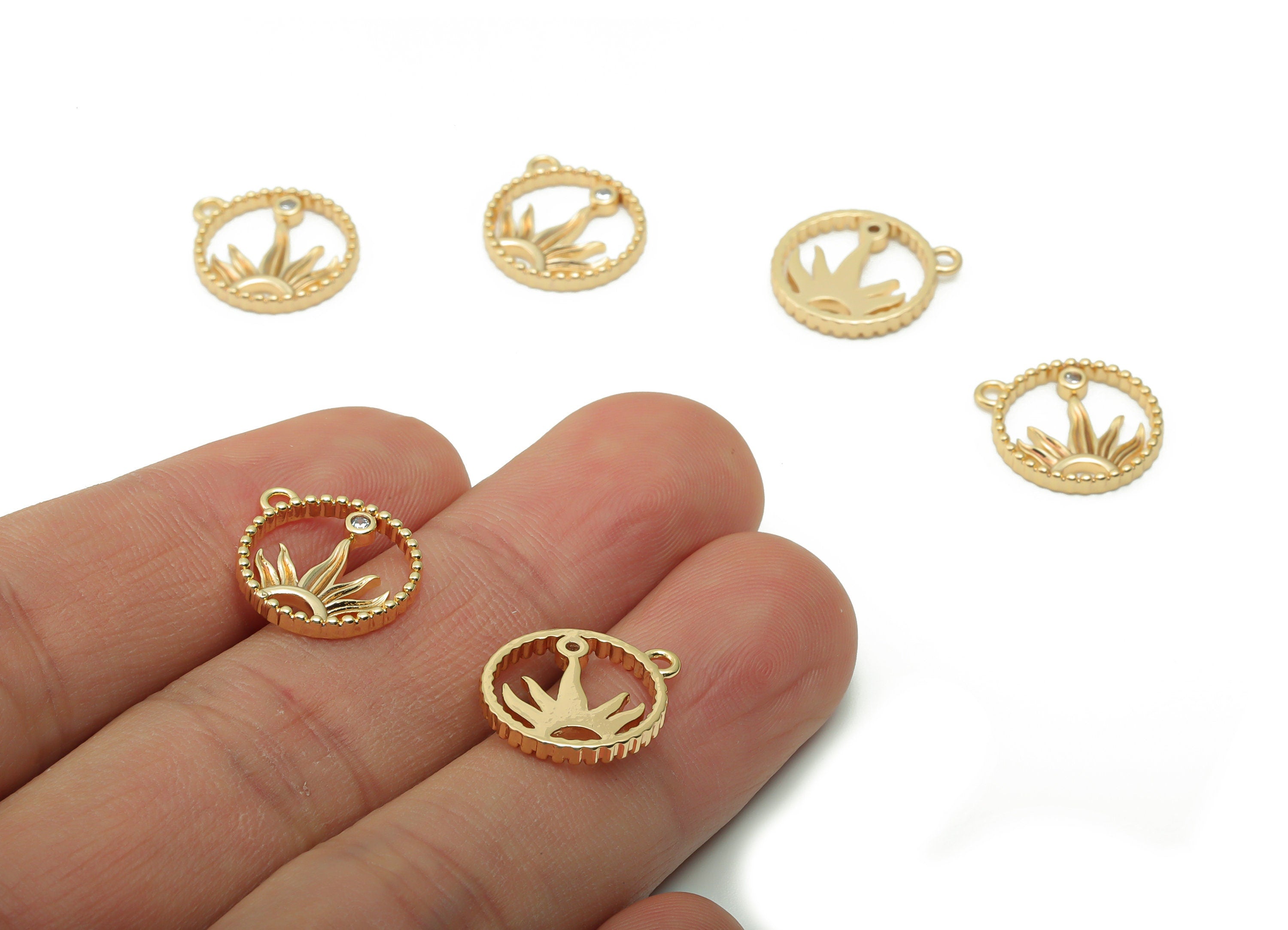 Brass Round Sunflower Earring Charms With Zircons - Gold Compass Pendant - 18K Real Gold Plated Brass - 15.72x13.5x1.83mm - RGP4192 - DOMEDBAZAAR