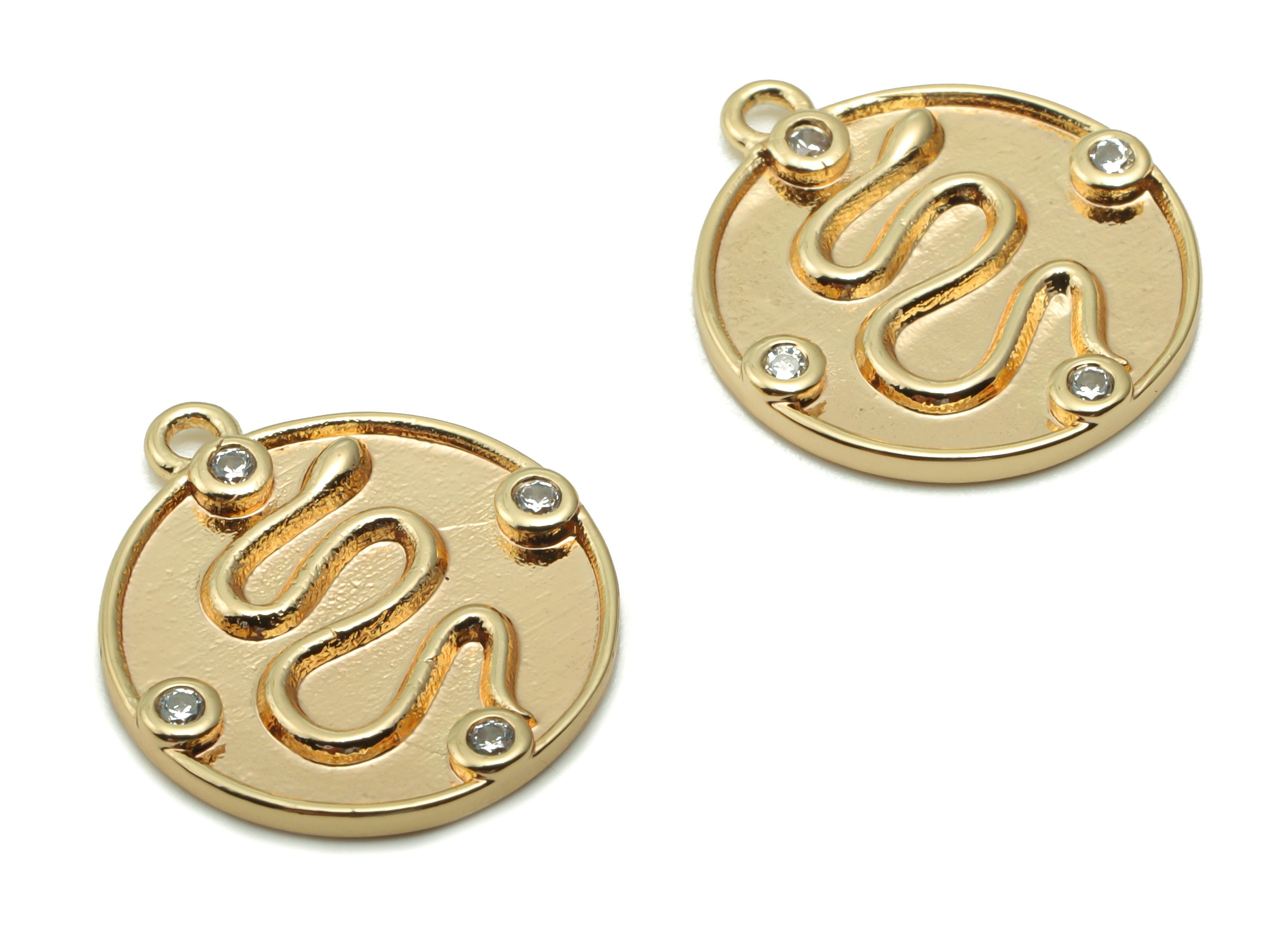 Brass Round Snake Earring Charms With Zircons - Gold Circle Snake Pendant - 18K Real Gold Plated Brass - 17.35x15.21x1.59mm - RGP4196 - DOMEDBAZAAR