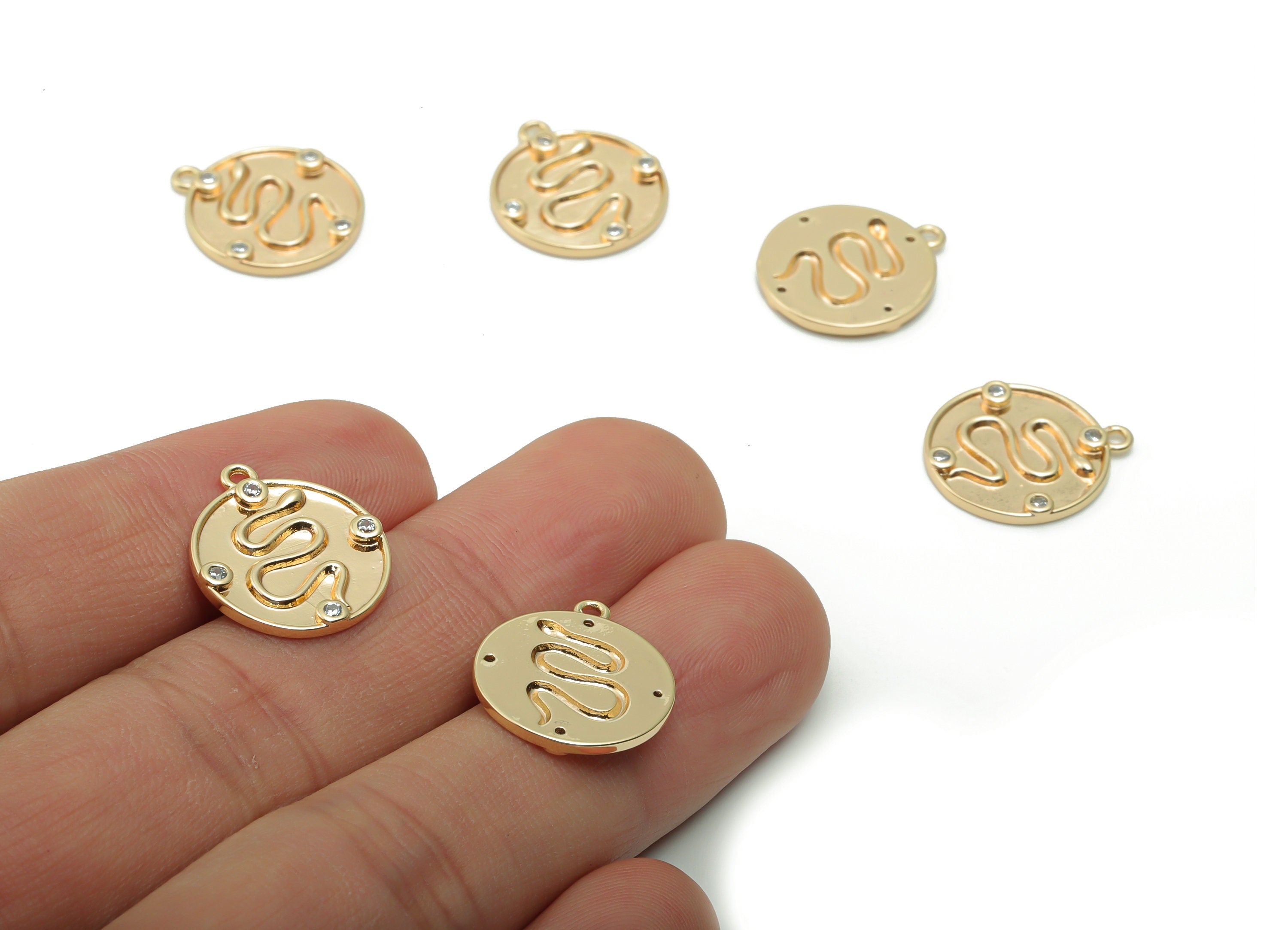 Brass Round Snake Earring Charms With Zircons - Gold Circle Snake Pendant - 18K Real Gold Plated Brass - 17.35x15.21x1.59mm - RGP4196 - DOMEDBAZAAR