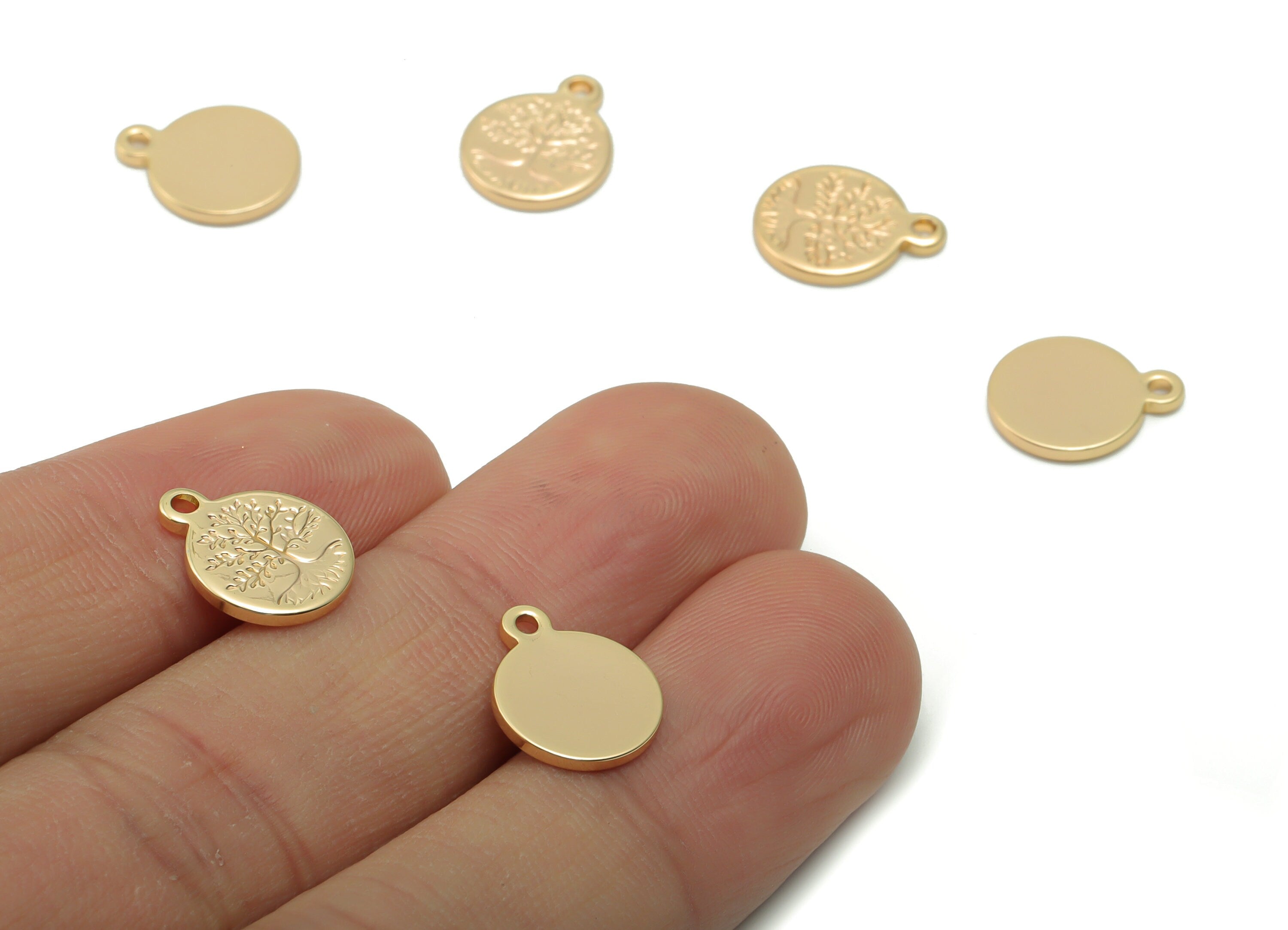 Brass Mini Round Tree Root Earring Charms - Gold Circle Tree Root Pendant - 18K Real Gold Plated Brass - 12.56x10.12x1.24mm - RGP4201 - DOMEDBAZAAR