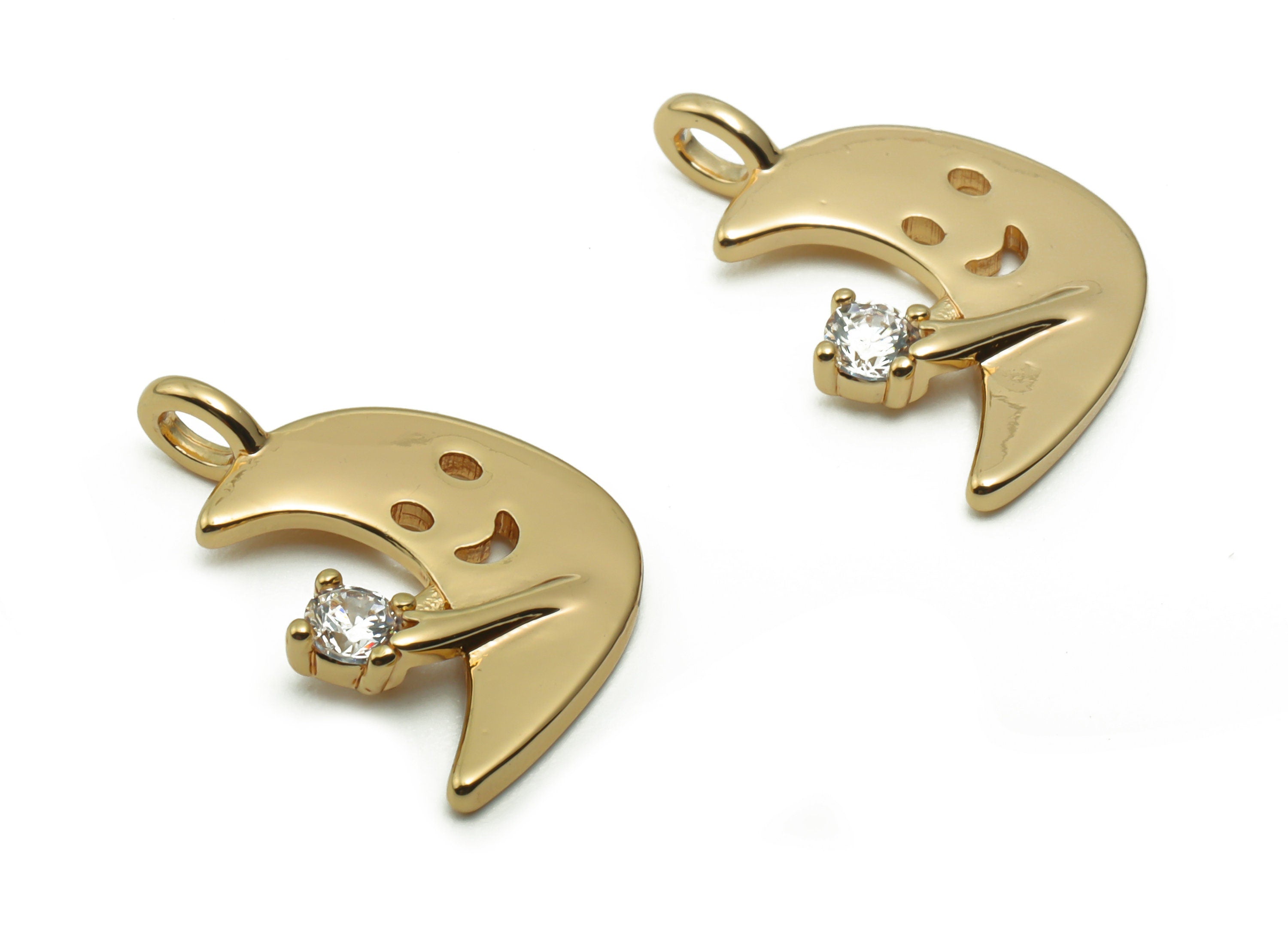 Brass Moon Smiley Earring Charms With Zircons - Gold Crescent Pendant - 18K Real Gold Plated Brass - 18.11x11.9x2.31mm - RGP4184 - DOMEDBAZAAR