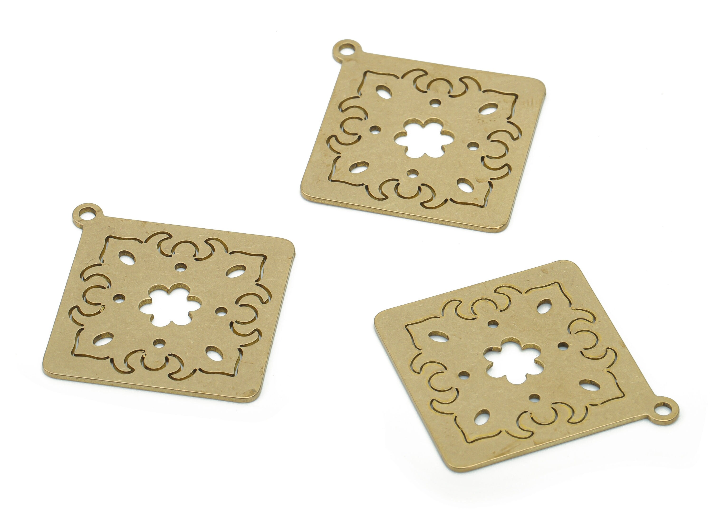 Brass Square Flower Earring Charms - Raw Brass Flower Square Anatolian Art Pendant - Jewelry Making Supplies - 35.72x33.34x0.76mm - PPA1713 - DOMEDBAZAAR